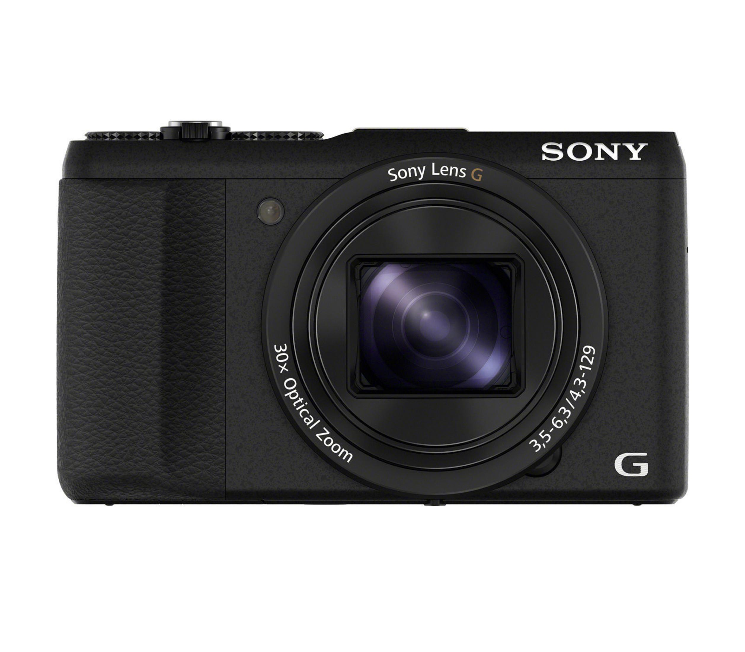 Schwarze Sony Kamera mit einem Objektiv mit der Bezeichnung Sony Lens G. Sie hat einen 30-fachen optischen Zoom.
