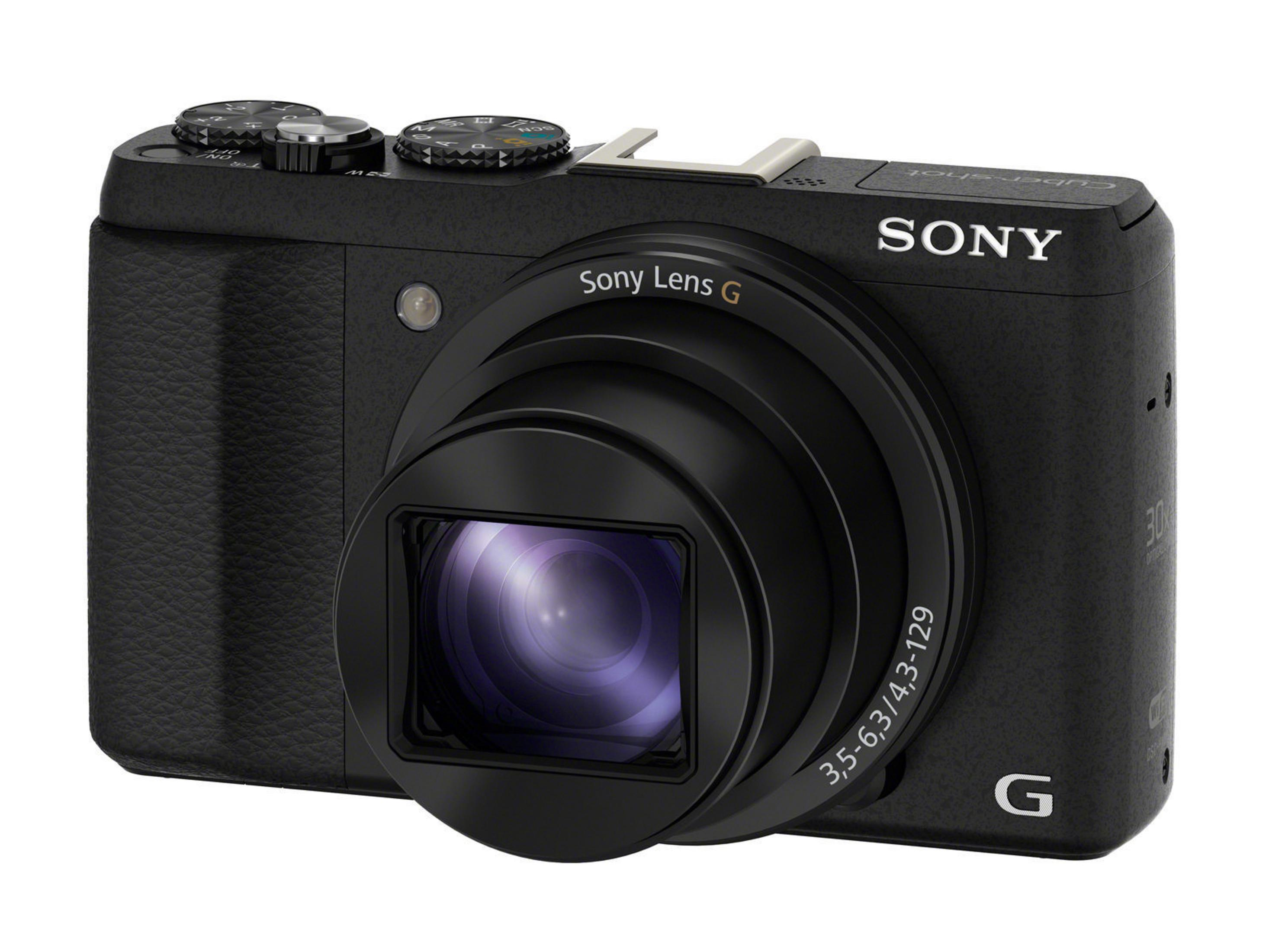 Schwarze Sony Cyber-shot Kamera mit Objektiv, Knöpfen und einem Sony-Objektiv G-Label.