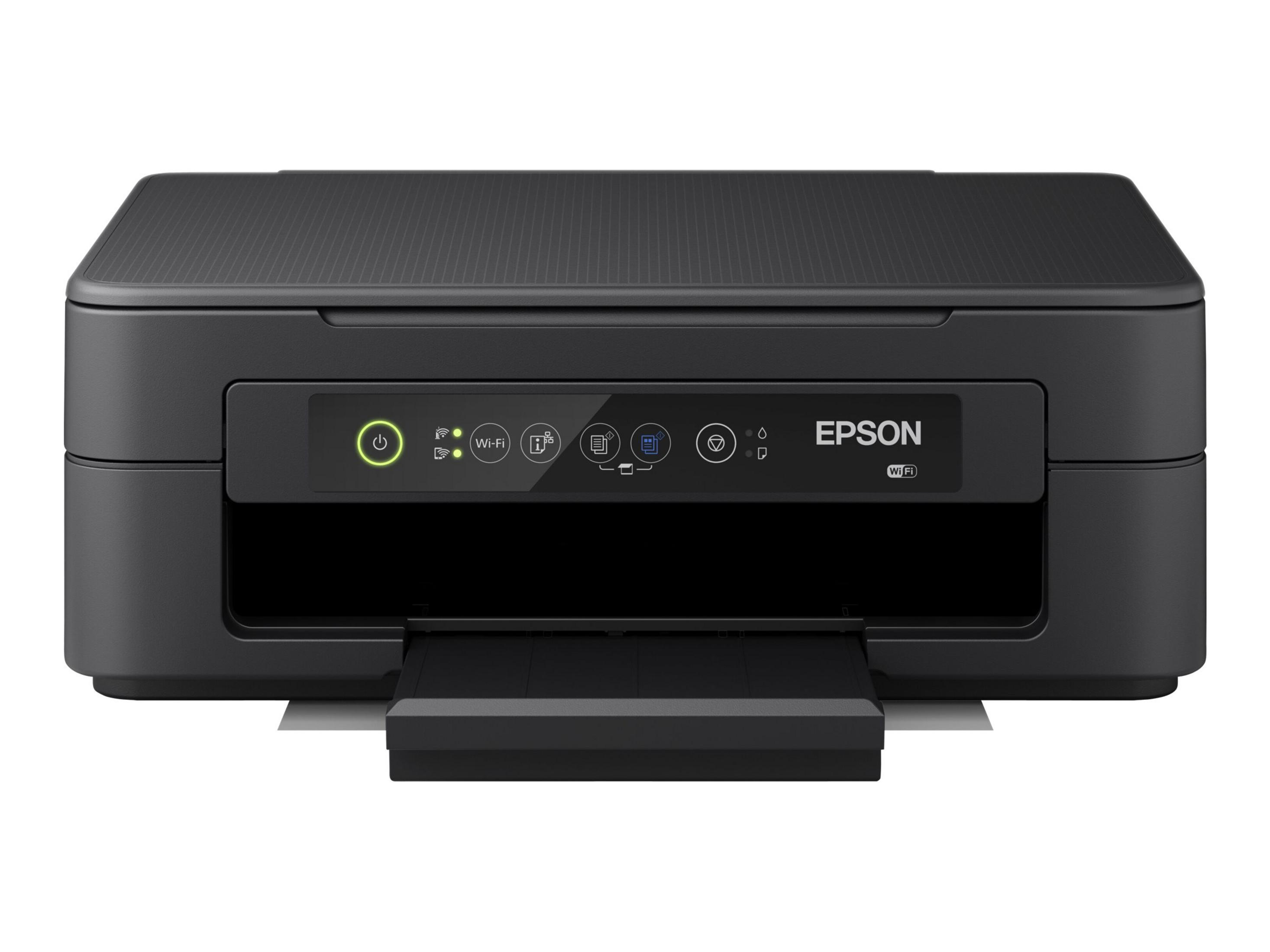 Impresora Epson negra con panel de control y bandeja de papel, fondo blanco.
