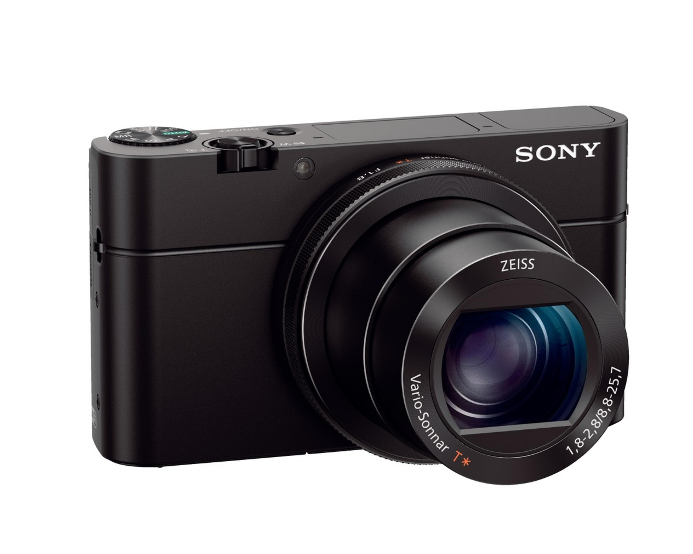 Eine schwarze Sony-Kamera mit Zeiss-Objektiv. Sie ist kompakt und rechteckig.