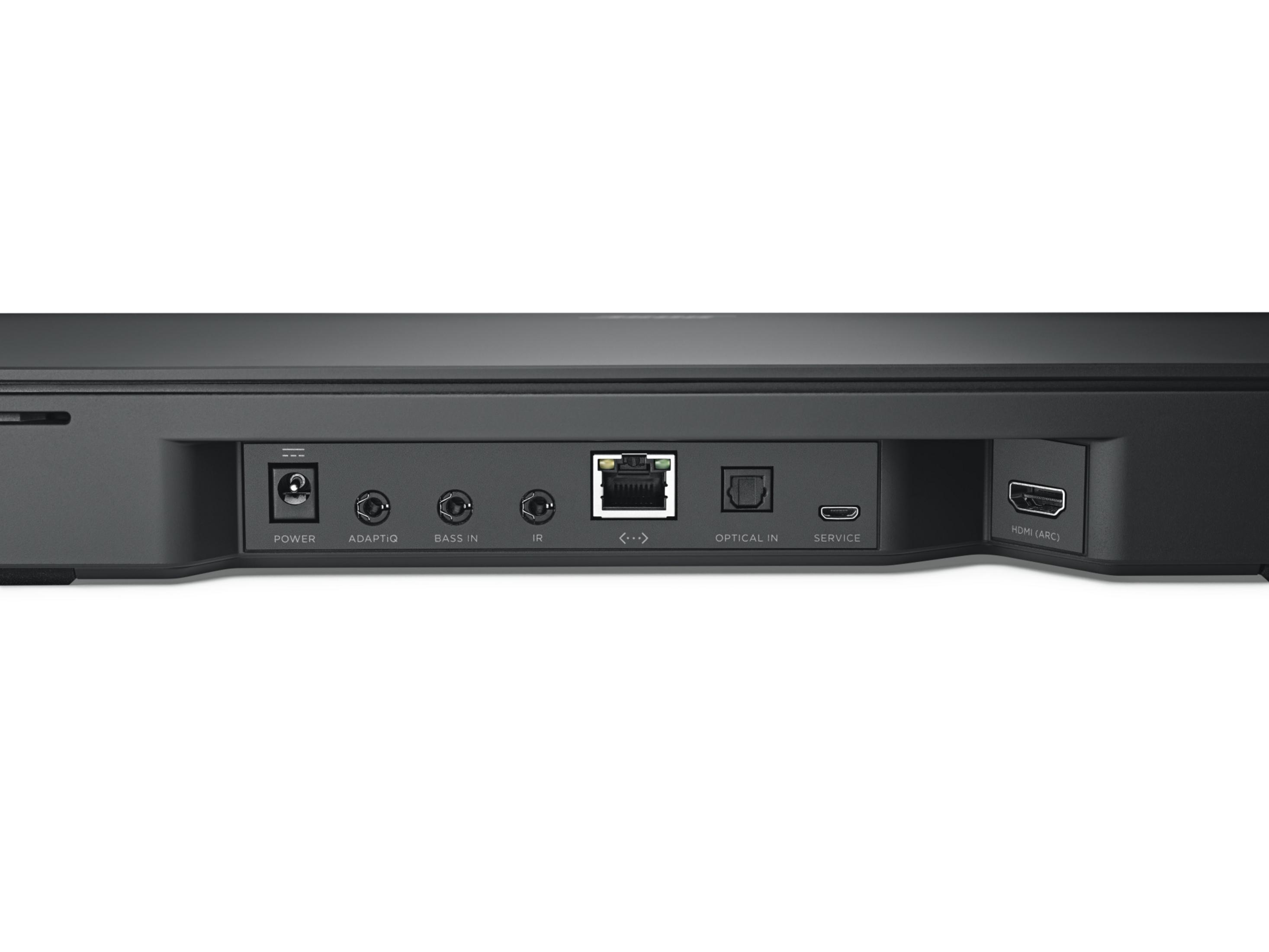 Rückseite der Soundbar mit Anschlüssen: Strom, Eingang, Ethernet, optisch, Service, HDMI.