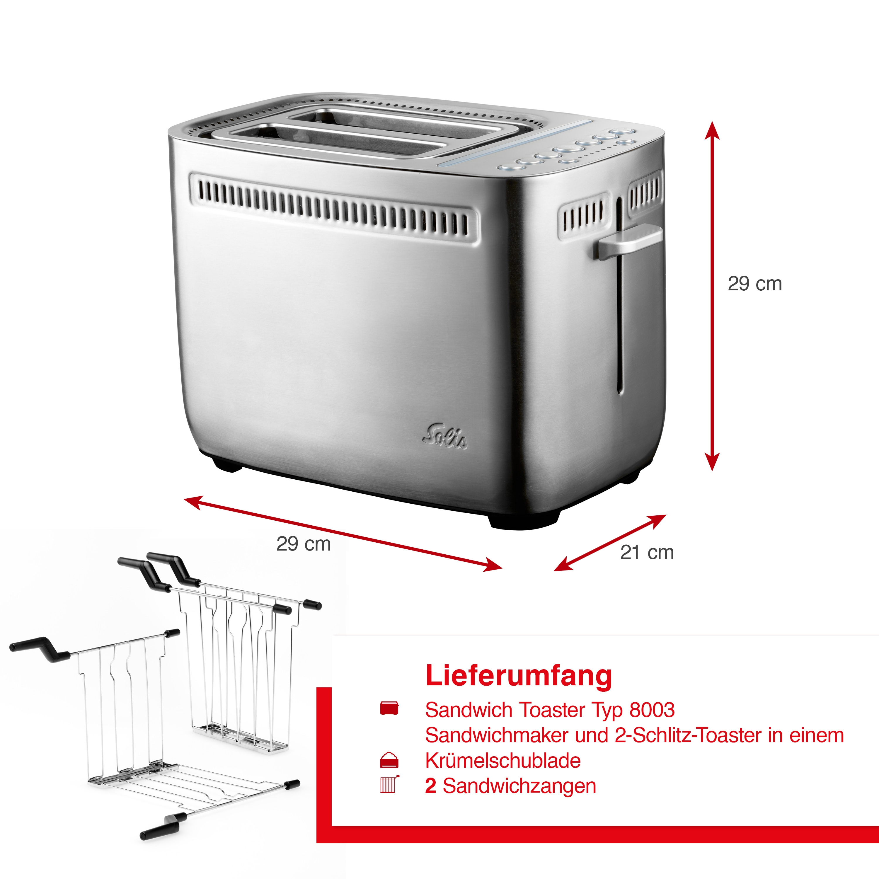 Ein Edelstahl-Toaster mit Maßen und Zubehör, mit weißem Hintergrund und bereitgestellten Messungen.