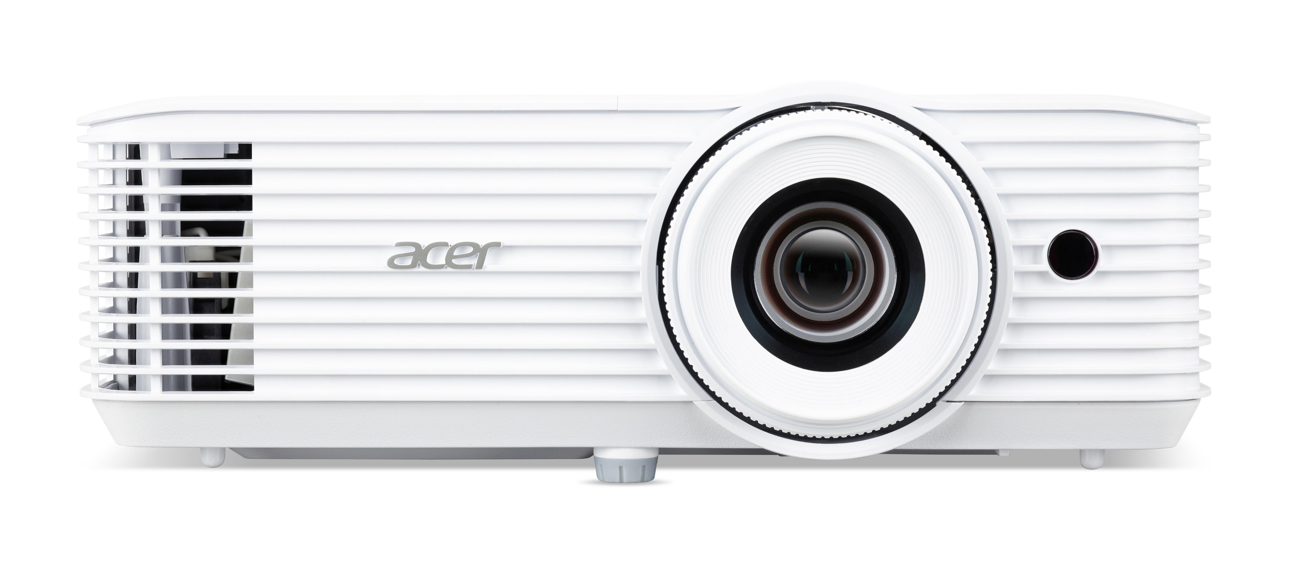 Een witte Acer-projector met lens en logo, tegen een witte achtergrond.