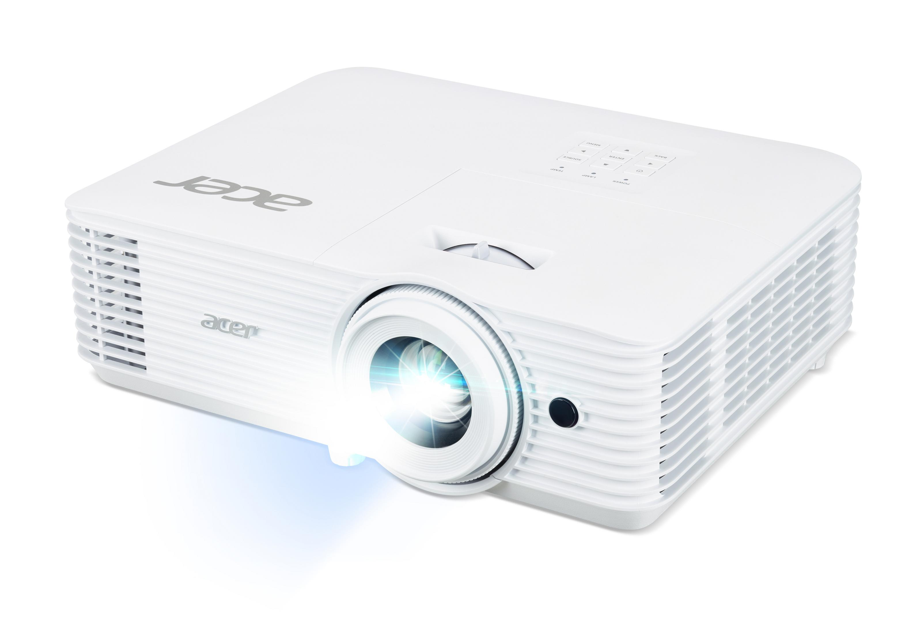 Witte Acer-projector met lens en bedieningsknoppen, licht projecterend.