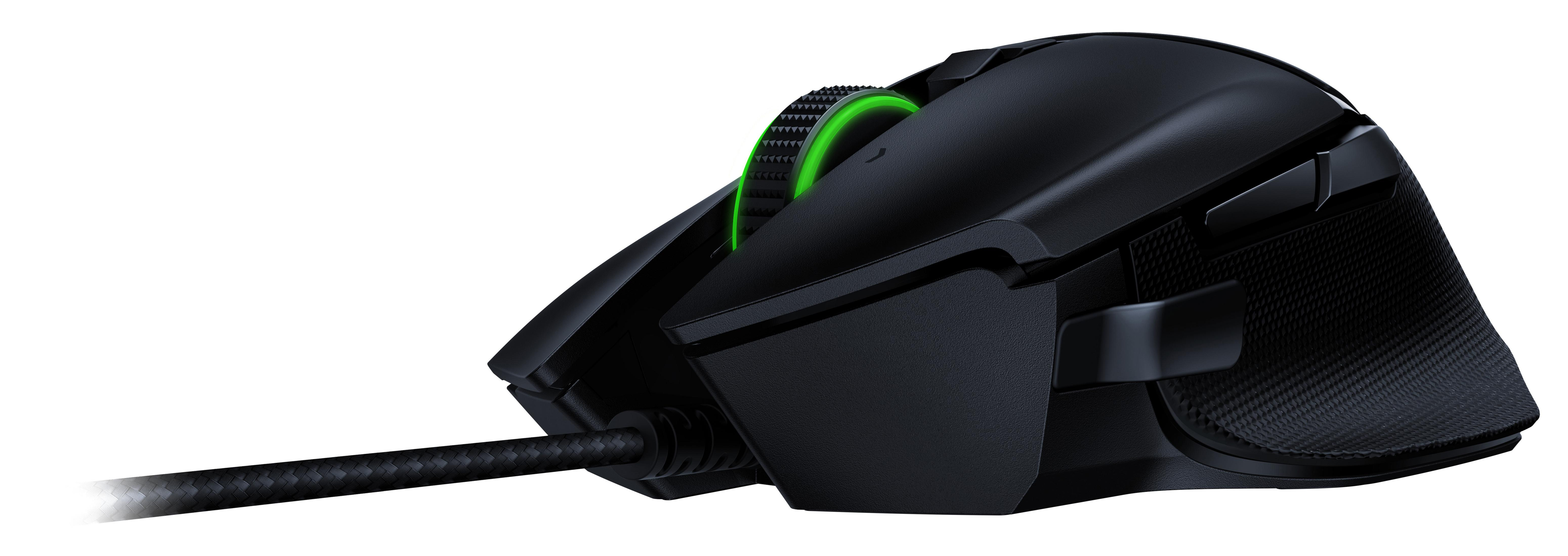 Un mouse da gioco nero con rotella verde e cavo intrecciato.