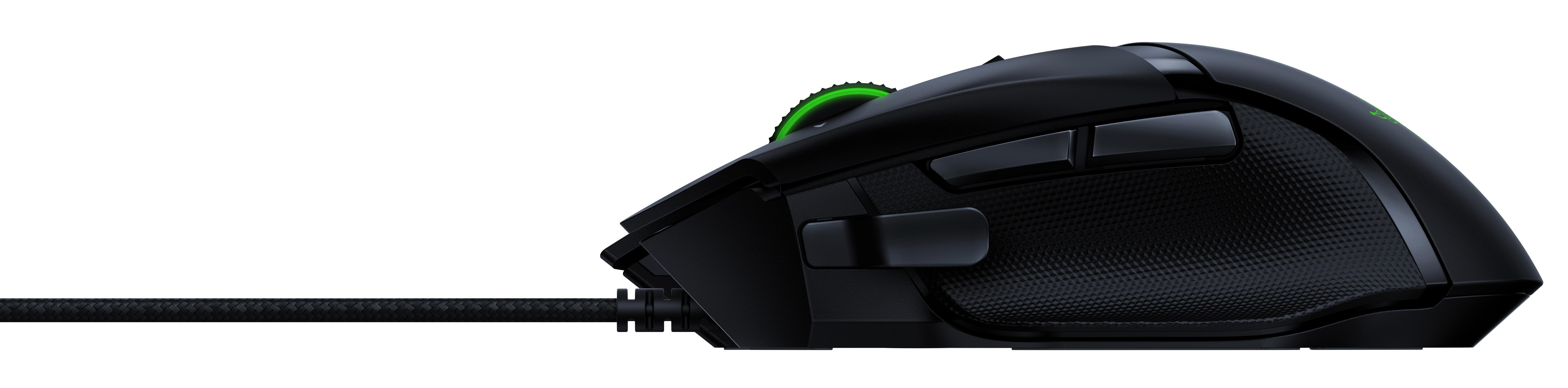 Mouse da gioco Razer nero con pulsanti laterali e impugnatura strutturata. Cavo intrecciato nero.