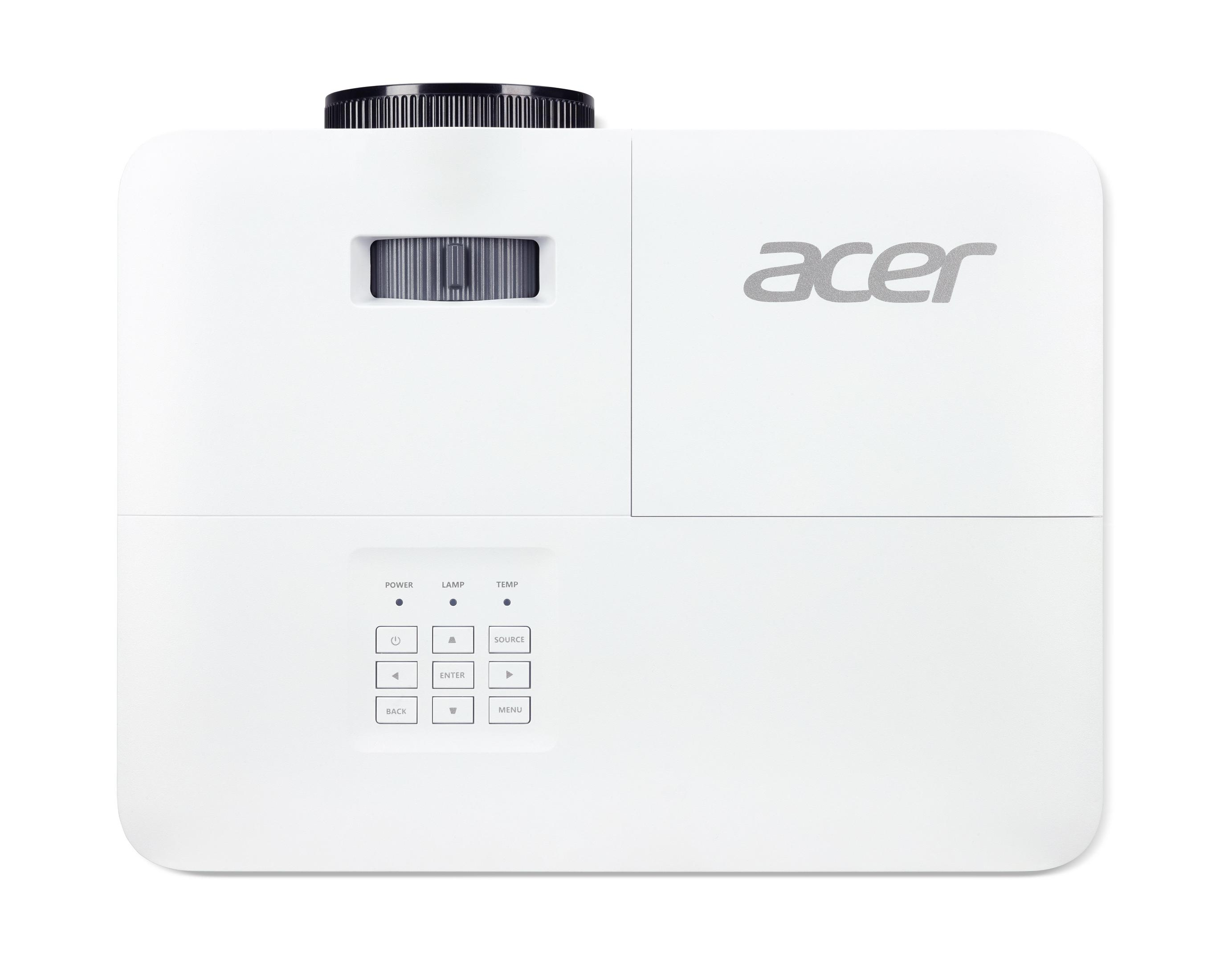 Ein weißer Acer-Projektor mit Bedientasten unten und dem Acer-Logo sichtbar.