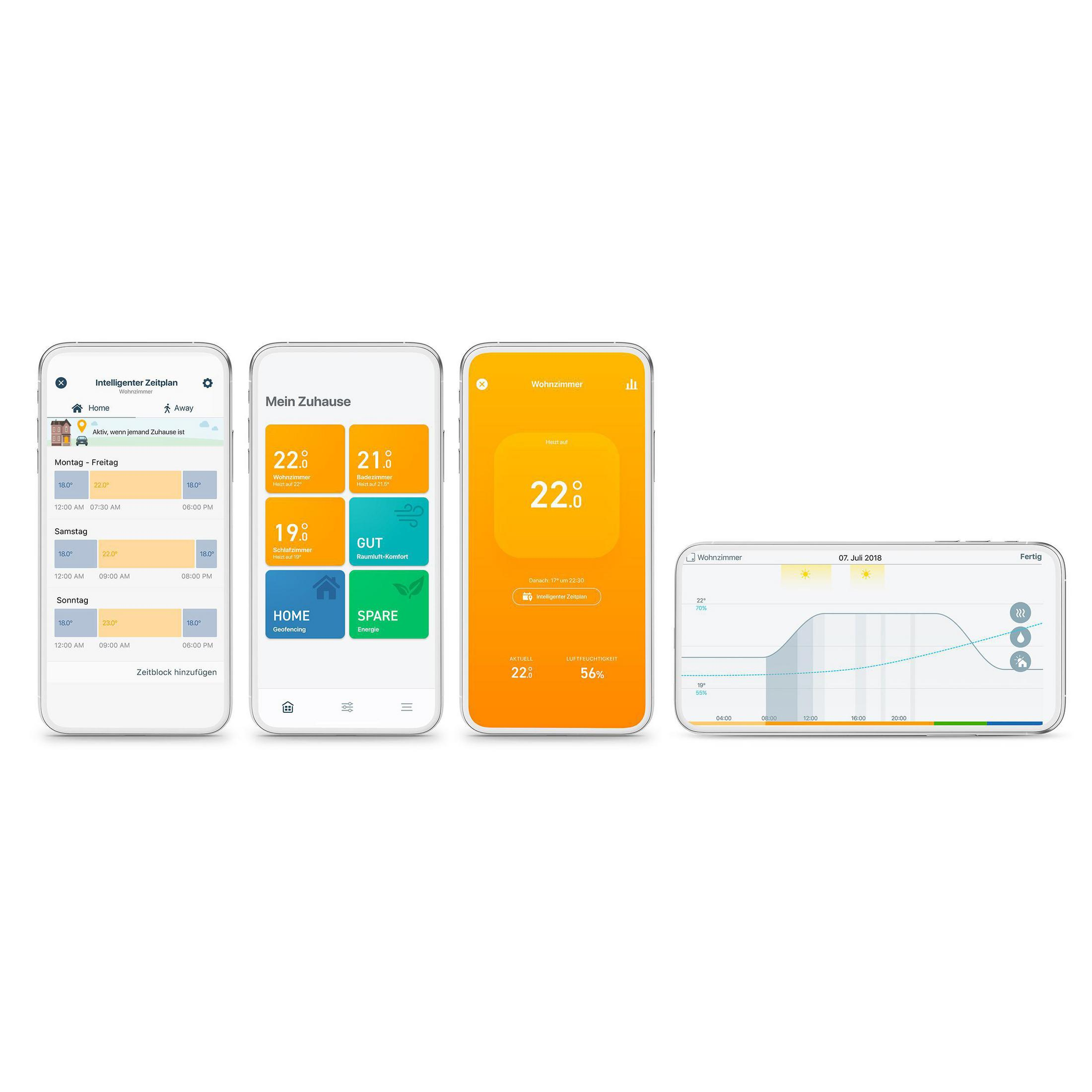 Smart Home Geräte auf Telefonbildschirmen, die die Raumtemperatur und Einstellungen anzeigen.