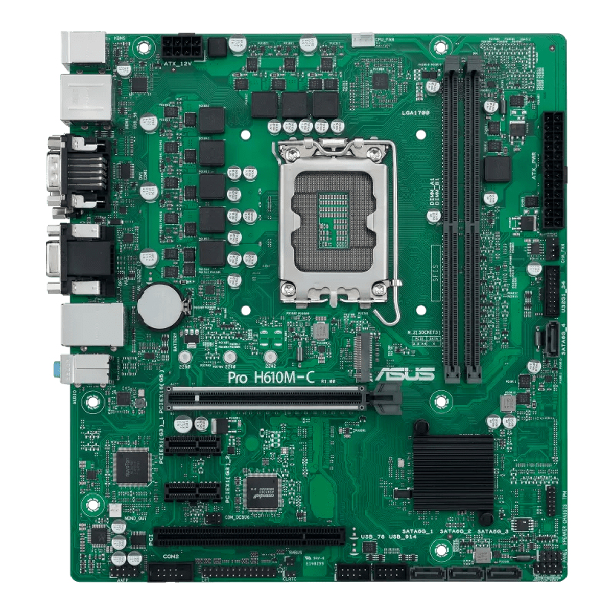 Grünes Computer-Motherboard mit verschiedenen Komponenten, einschließlich CPU-Sockel und Steckplätzen.