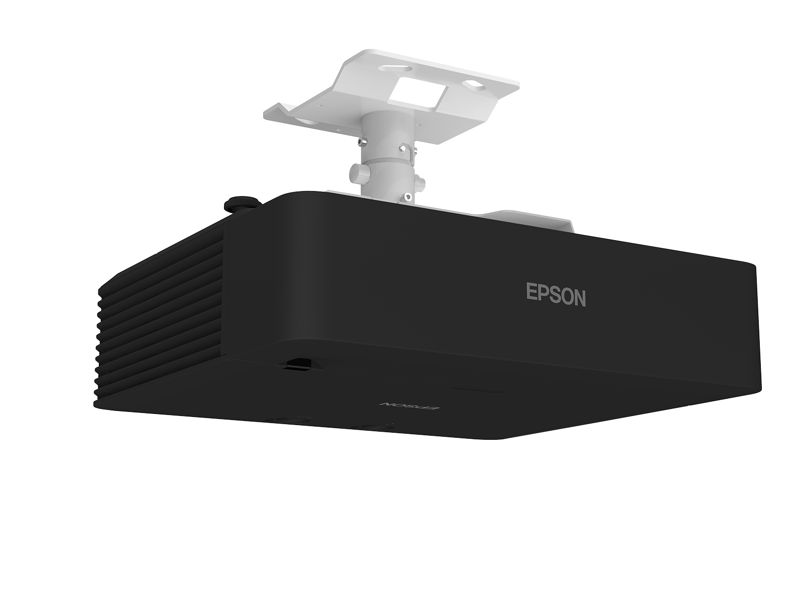 Proiettore Epson nero appeso al soffitto, sfondo bianco.