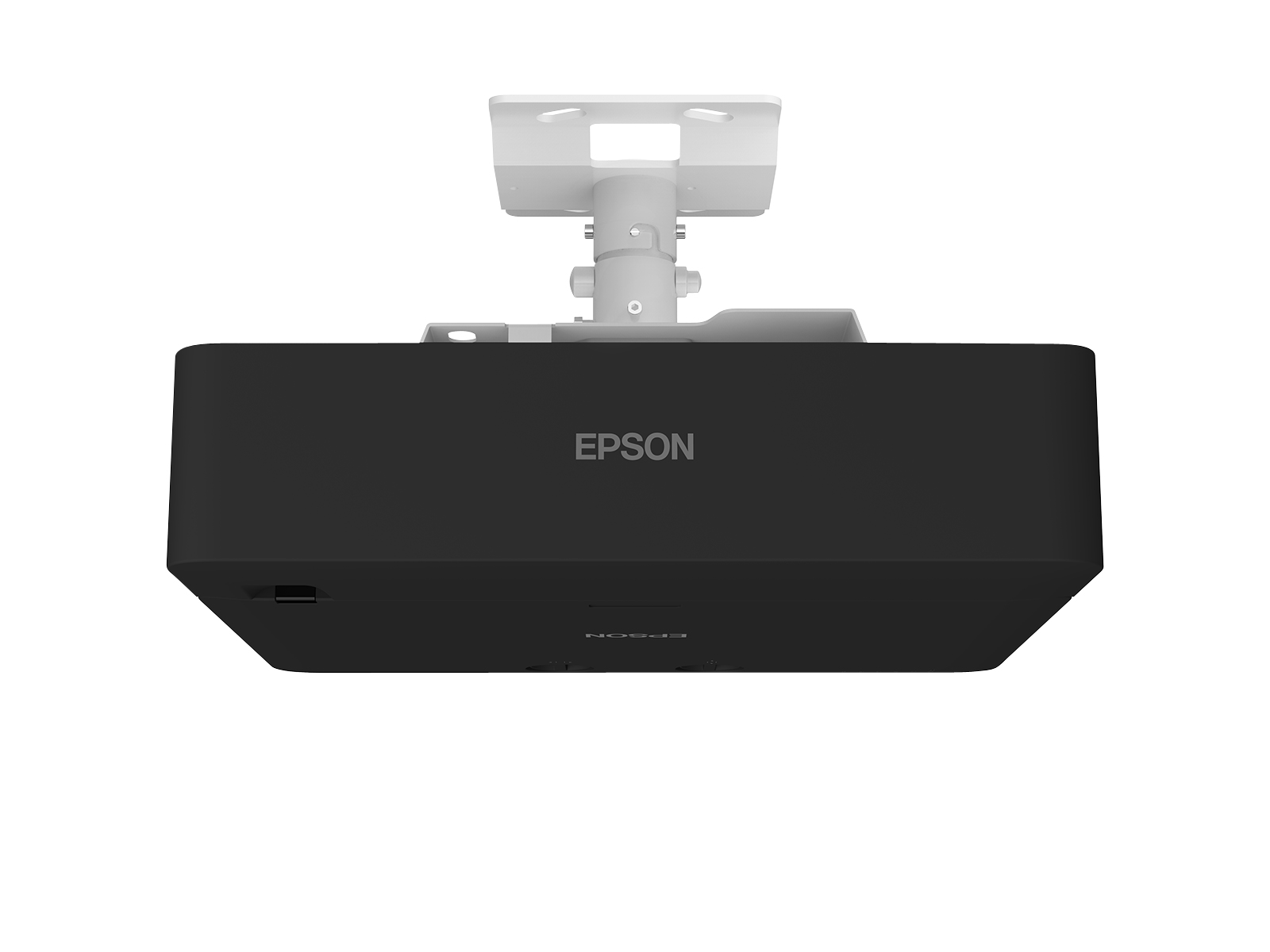 Un proiettore EPSON nero montato su un supporto a soffitto bianco, rivolto verso il basso.