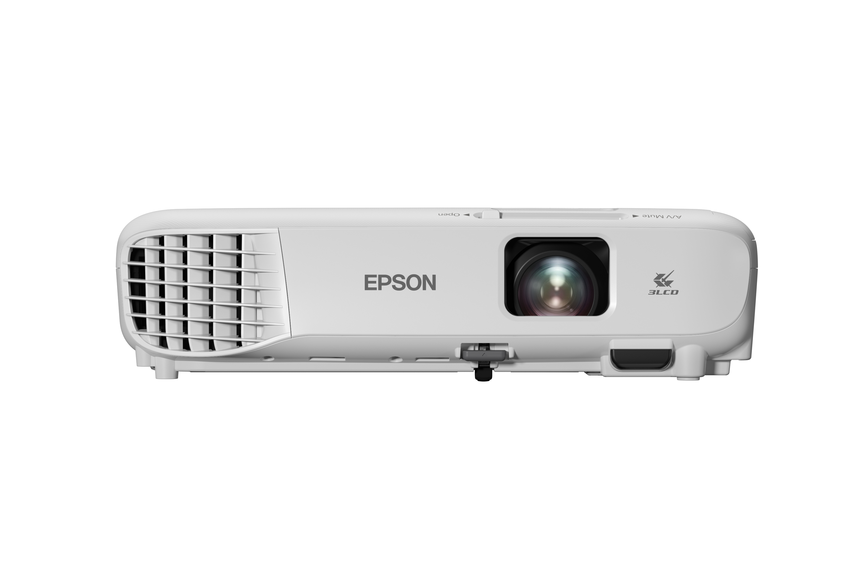 Proiettore Epson bianco. Presenta un obiettivo e una griglia.
