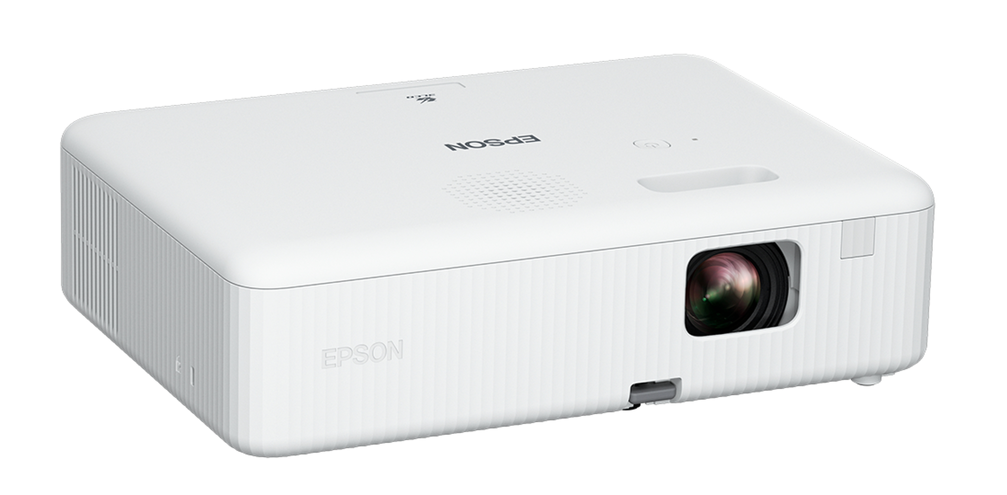Un proyector Epson blanco con lente y altavoz visibles.