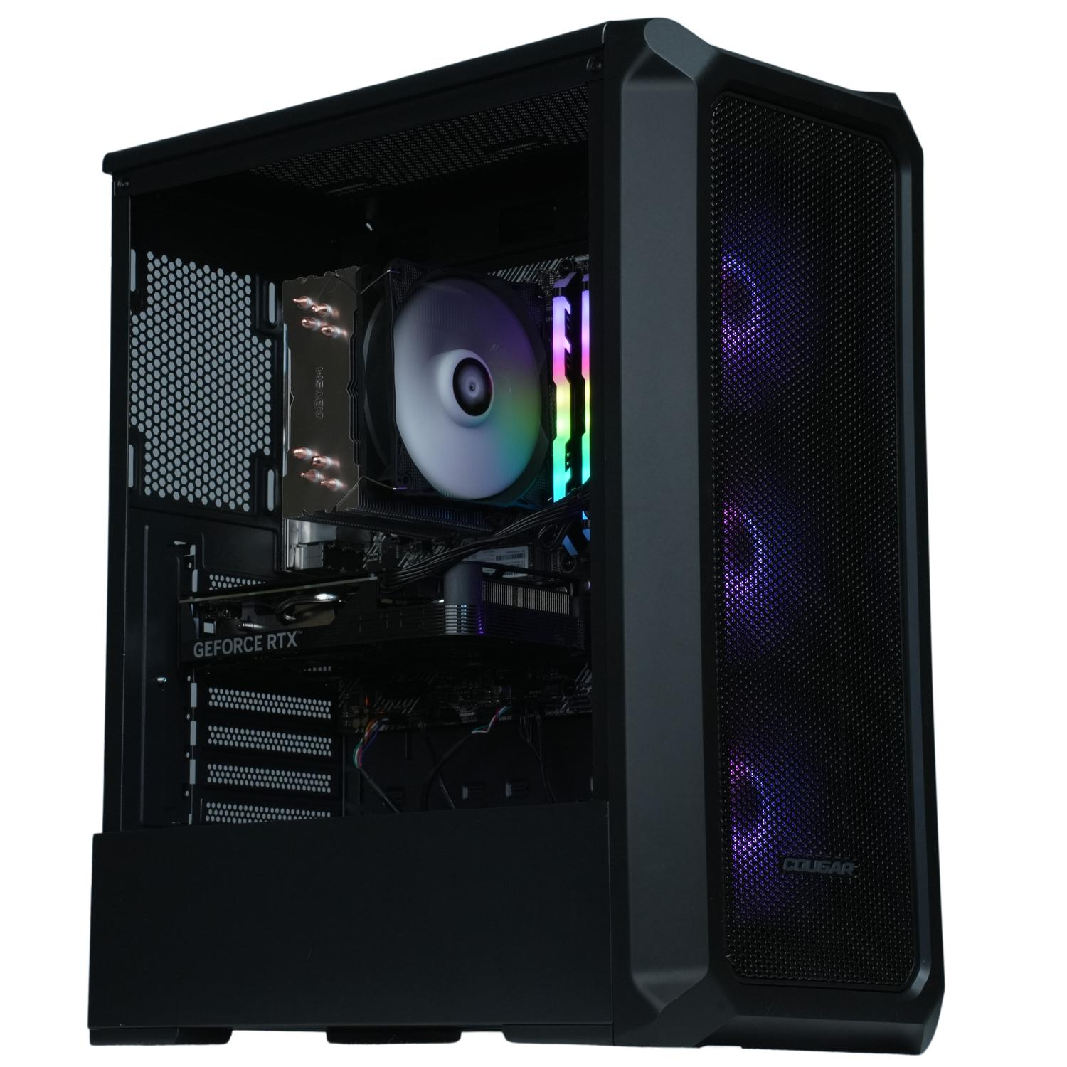 Caja de computadora negra con componentes internos. Se ven ventiladores con luces de color.