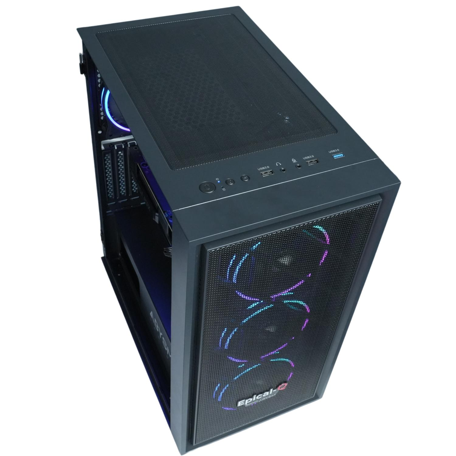 Caja de ordenador negra. La parte frontal tiene luces RGB. Tiene un panel lateral de vidrio.