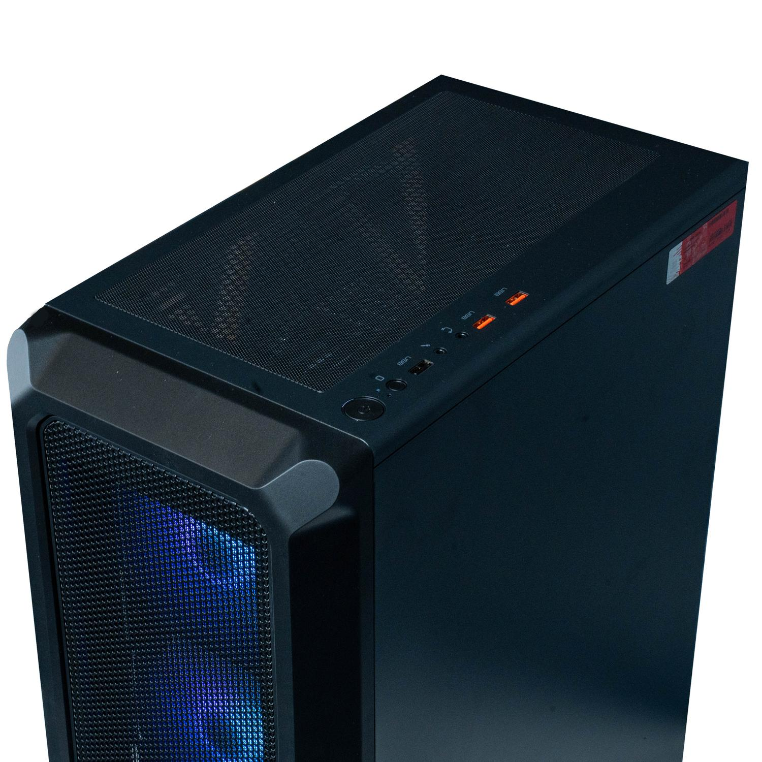 Una caja de computadora negra con una parte superior de malla y puertos de alimentación y USB.