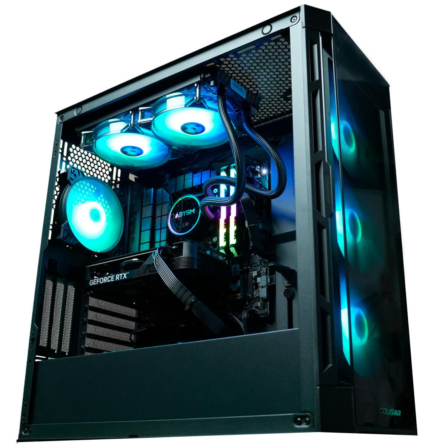 Una caja de computadora negra con componentes internos, incluyendo un enfriador de CPU, ventiladores y una tarjeta gráfica.