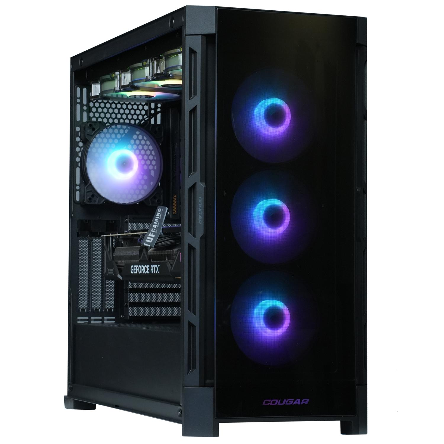 Caja de computadora negra con componentes internos. Se ven ventiladores con luces de color.