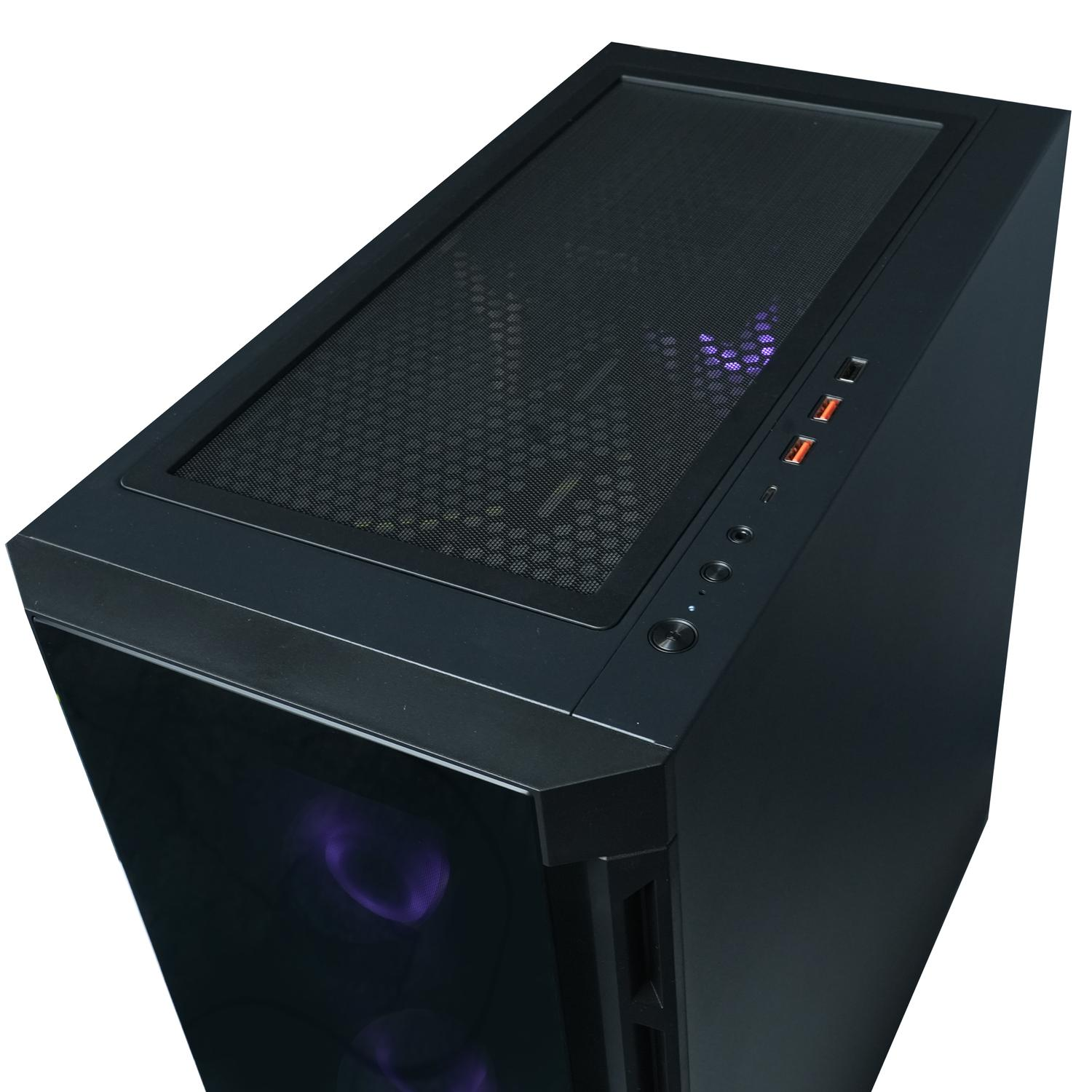 Caja de PC negra, vista superior, con una parte superior de malla y puertos. Botón de encendido y puertos USB visibles.