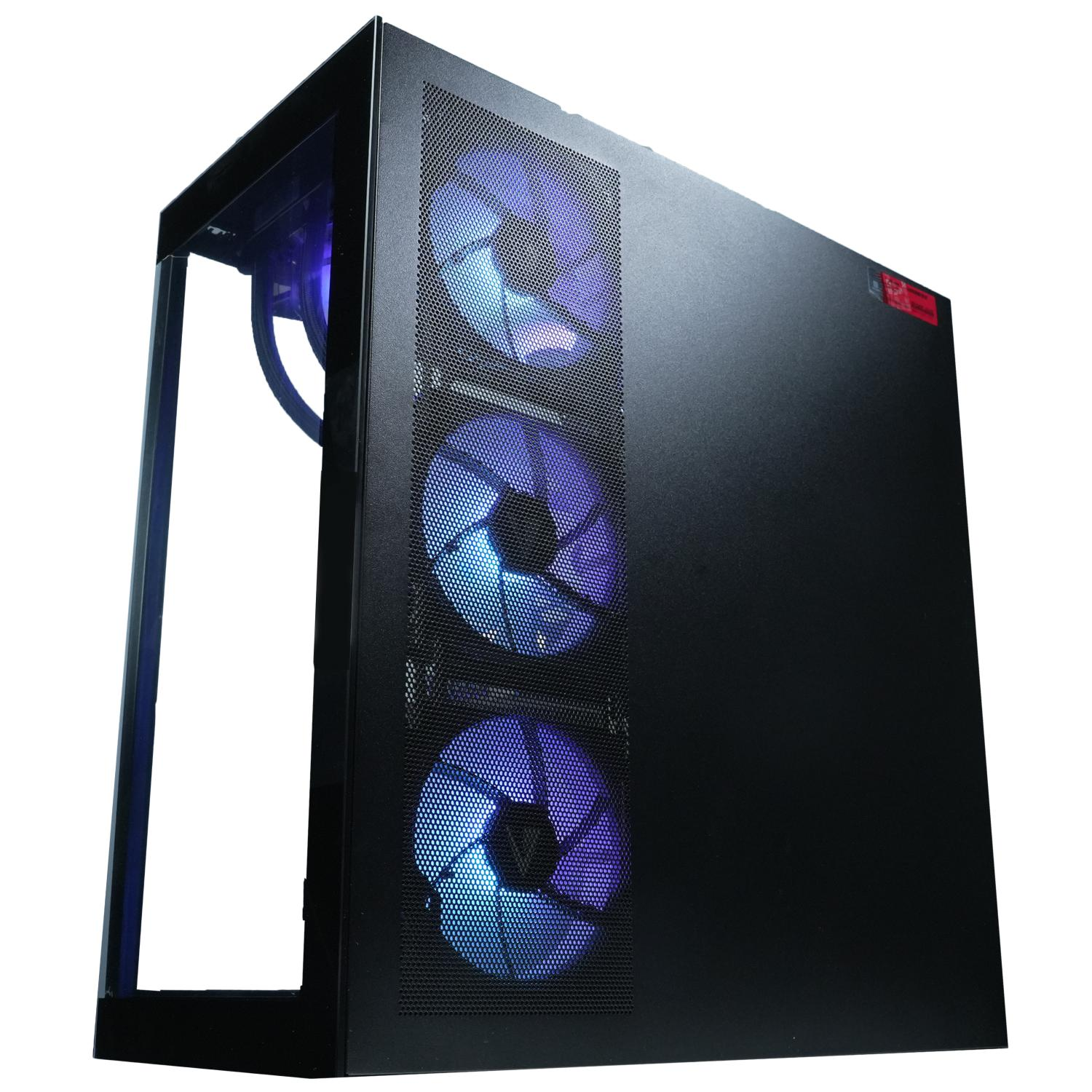 Una carcasa de computadora negra con tres ventiladores iluminados. Los ventiladores son azules y la carcasa tiene un diseño de malla.