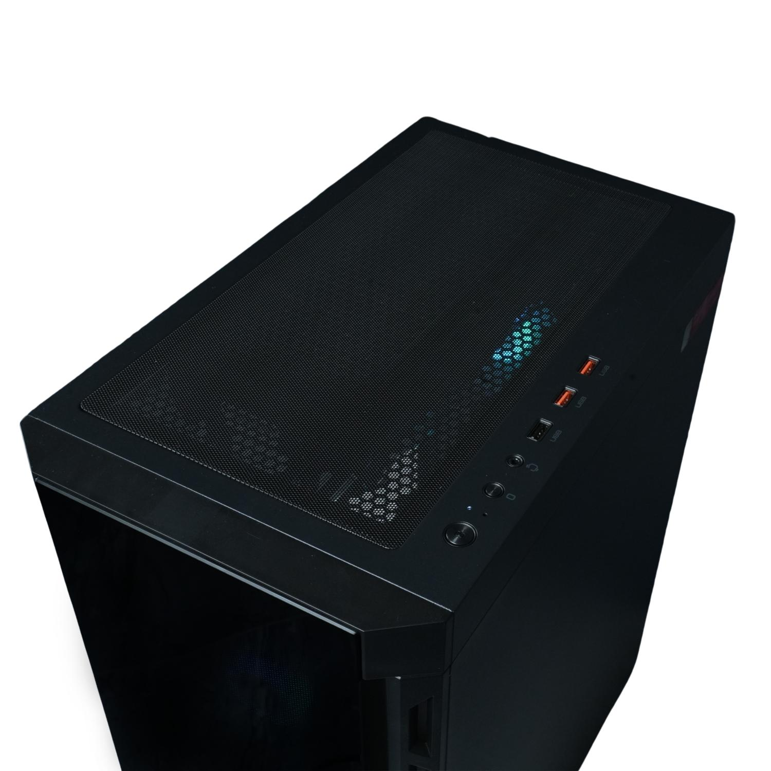 Una caja de computadora negra desde un ángulo superior. La parte superior tiene un diseño de malla y botones de encendido. El fondo es blanco.