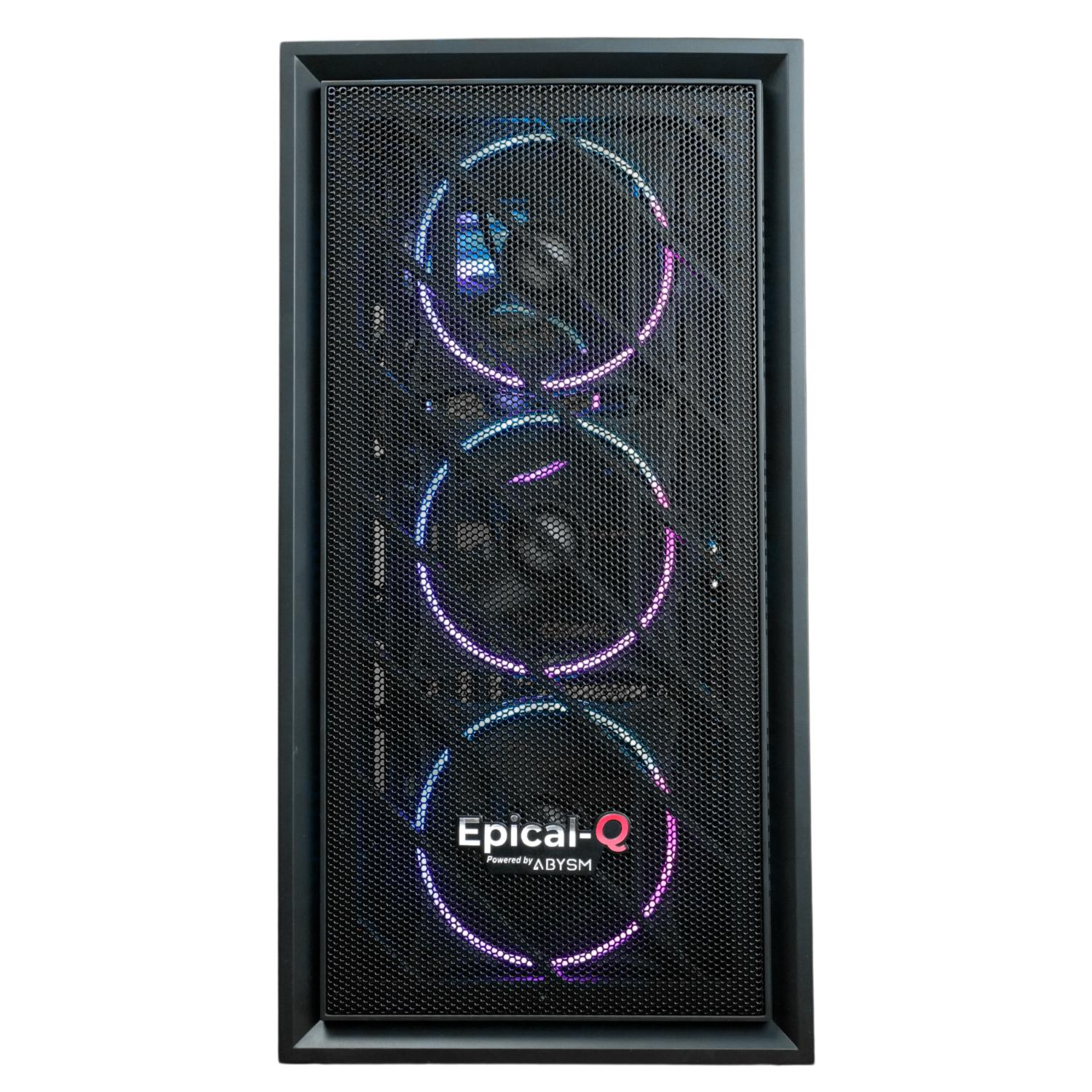 Caja de PC negra con tres ventiladores RGB y el logotipo de Epicai-Q.