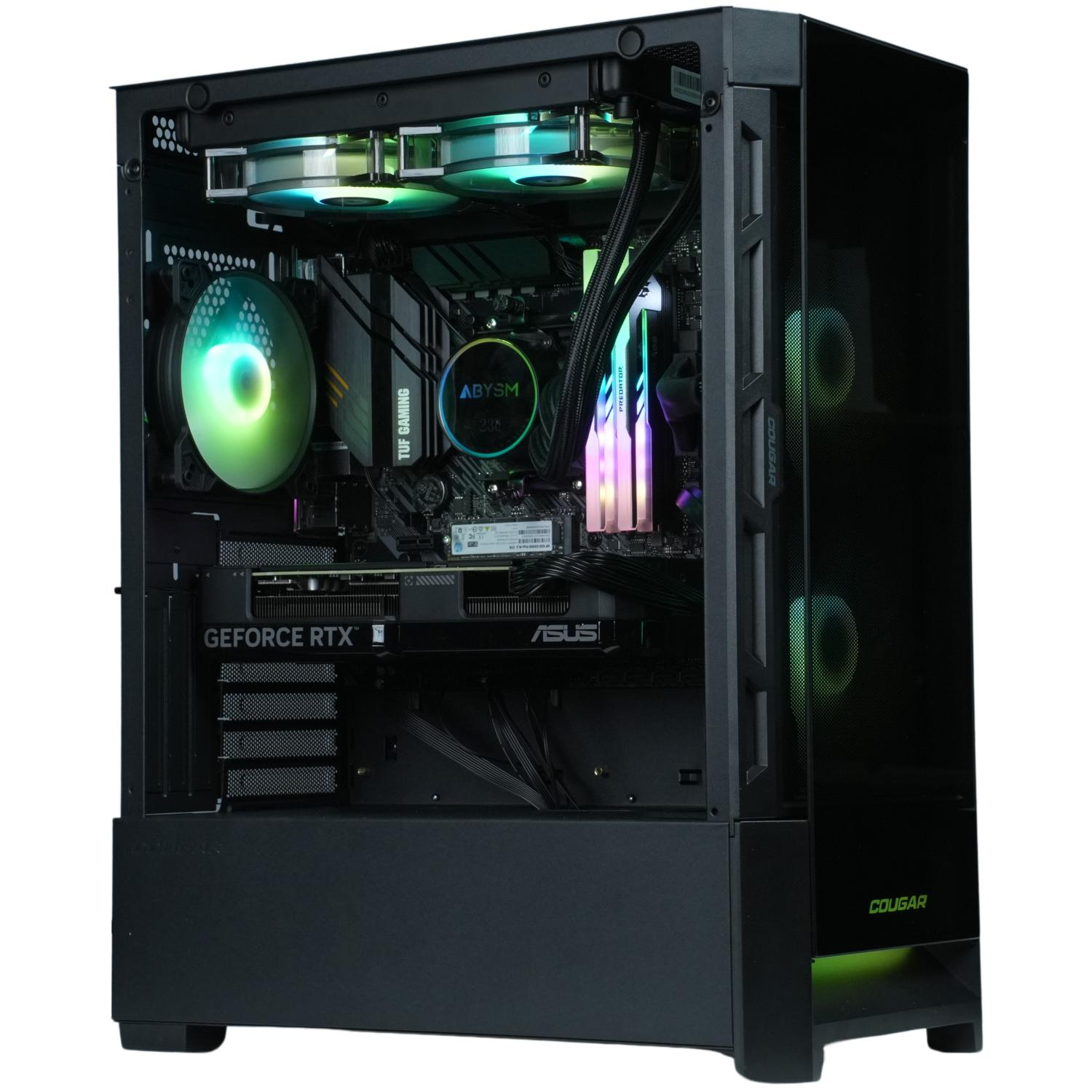 Caja de computadora negra. Interior, componentes como placa base, GPU y enfriador visibles.