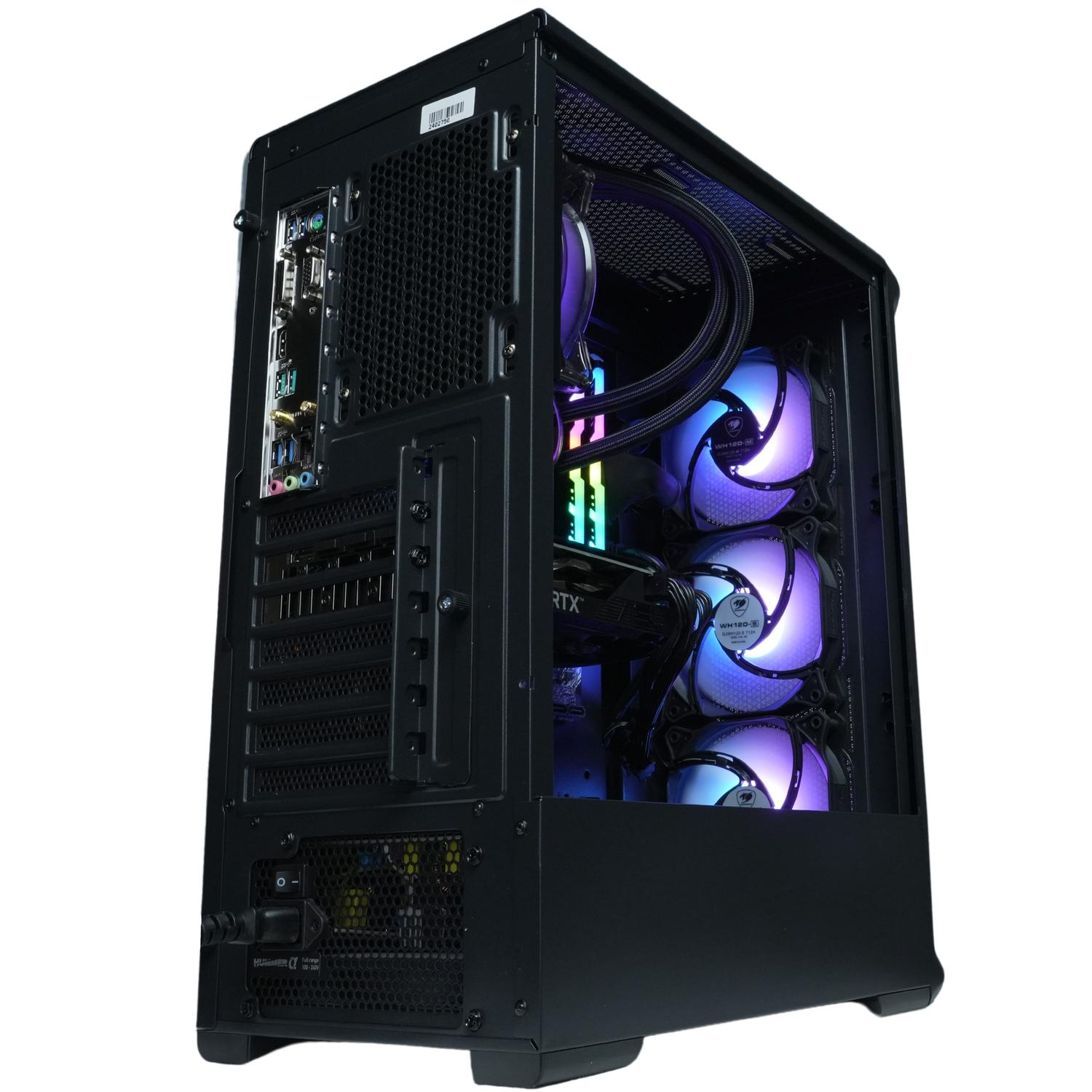 La parte trasera de una computadora con componentes. Incluye ventiladores, una tarjeta gráfica y el panel trasero con puertos.