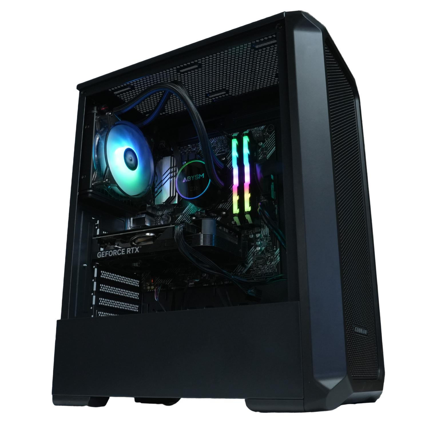 Interior de la caja del ordenador con componentes. Luces RGB. Refrigerador de CPU, tarjeta gráfica y RAM.