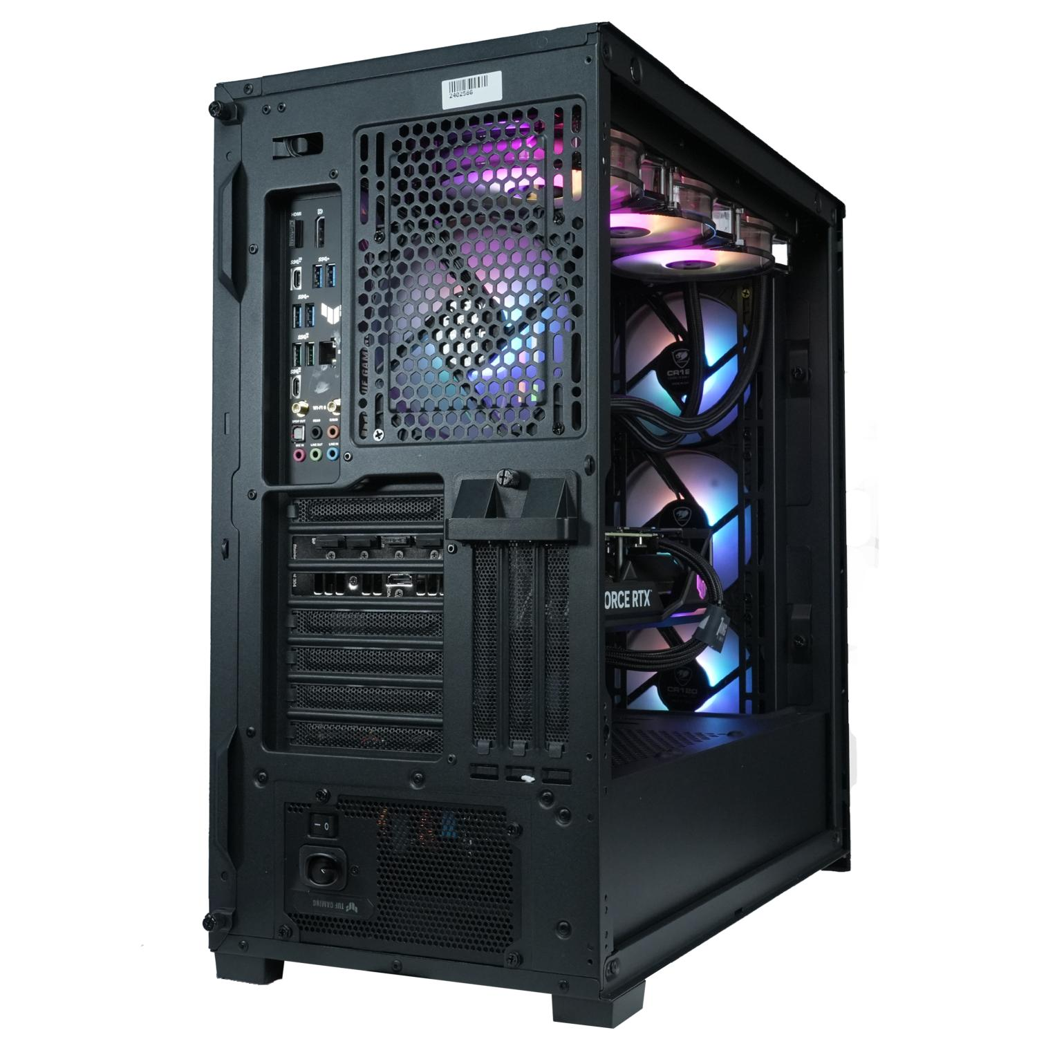 Parte trasera de una caja de ordenador. Varios puertos, ventiladores con iluminación RGB. Fuente de alimentación y más.