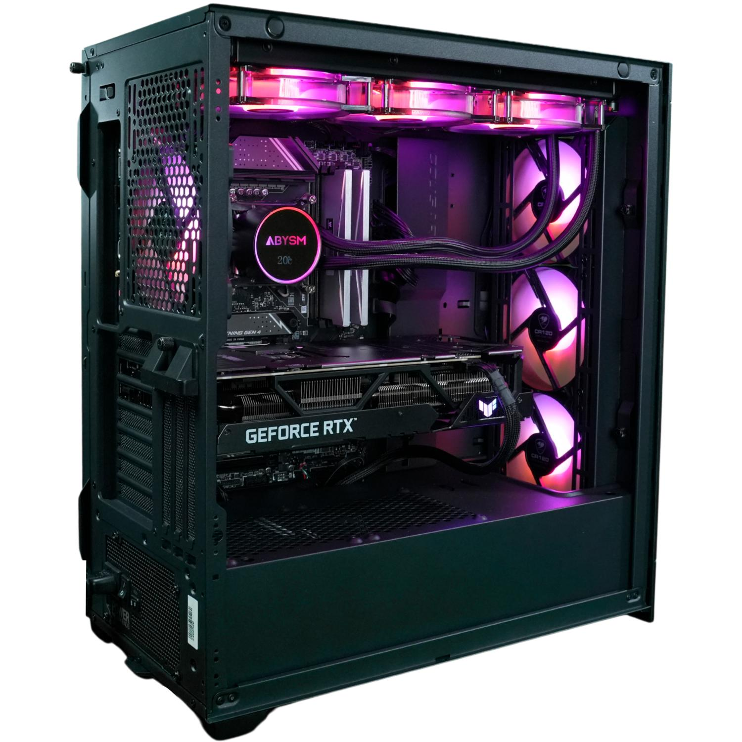 Dentro de la caja de la PC: ventiladores, GPU, placa base y refrigerador líquido con iluminación RGB. Caja negra.