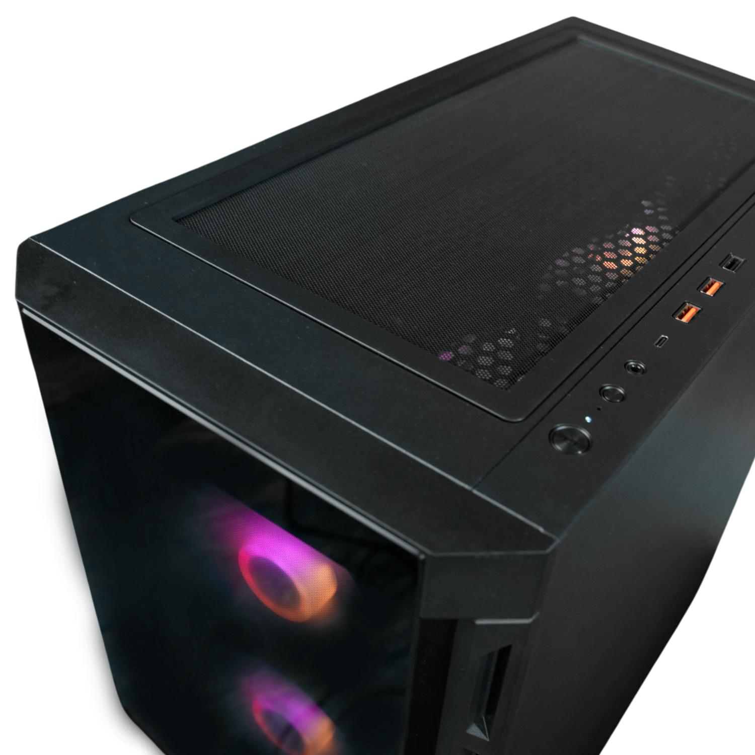 Parte superior de la caja del ordenador negra con vidrio. Muestra ventiladores y controles.