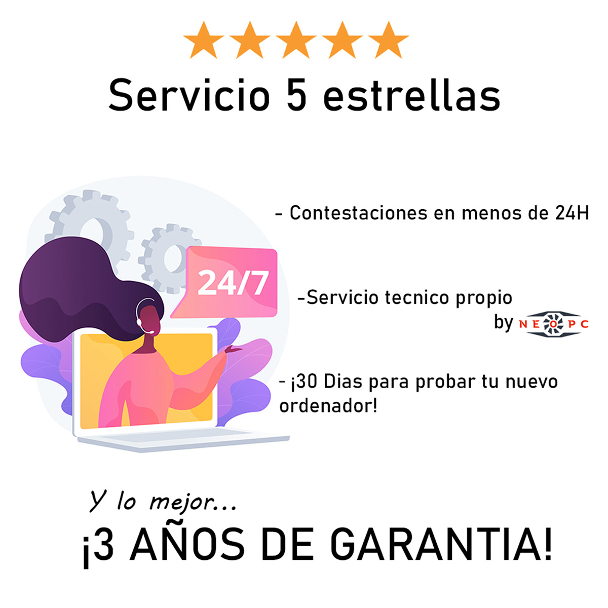 Gráfico: Anuncio de servicio al cliente. Estrellas, texto e ilustración de una mujer con bocadillo y portátil.
