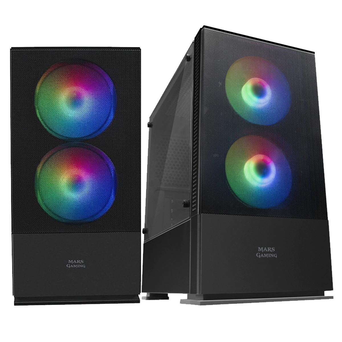 Dos cajas de ordenador negras con ventiladores RGB, lado a lado, cada una con panel de vidrio.