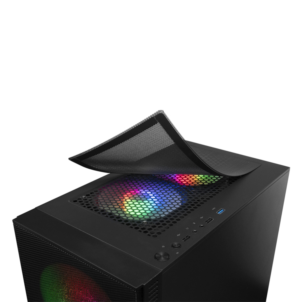 Vista superior de una caja de computadora negra, con la cubierta superior de malla ligeramente levantada, revelando ventiladores.