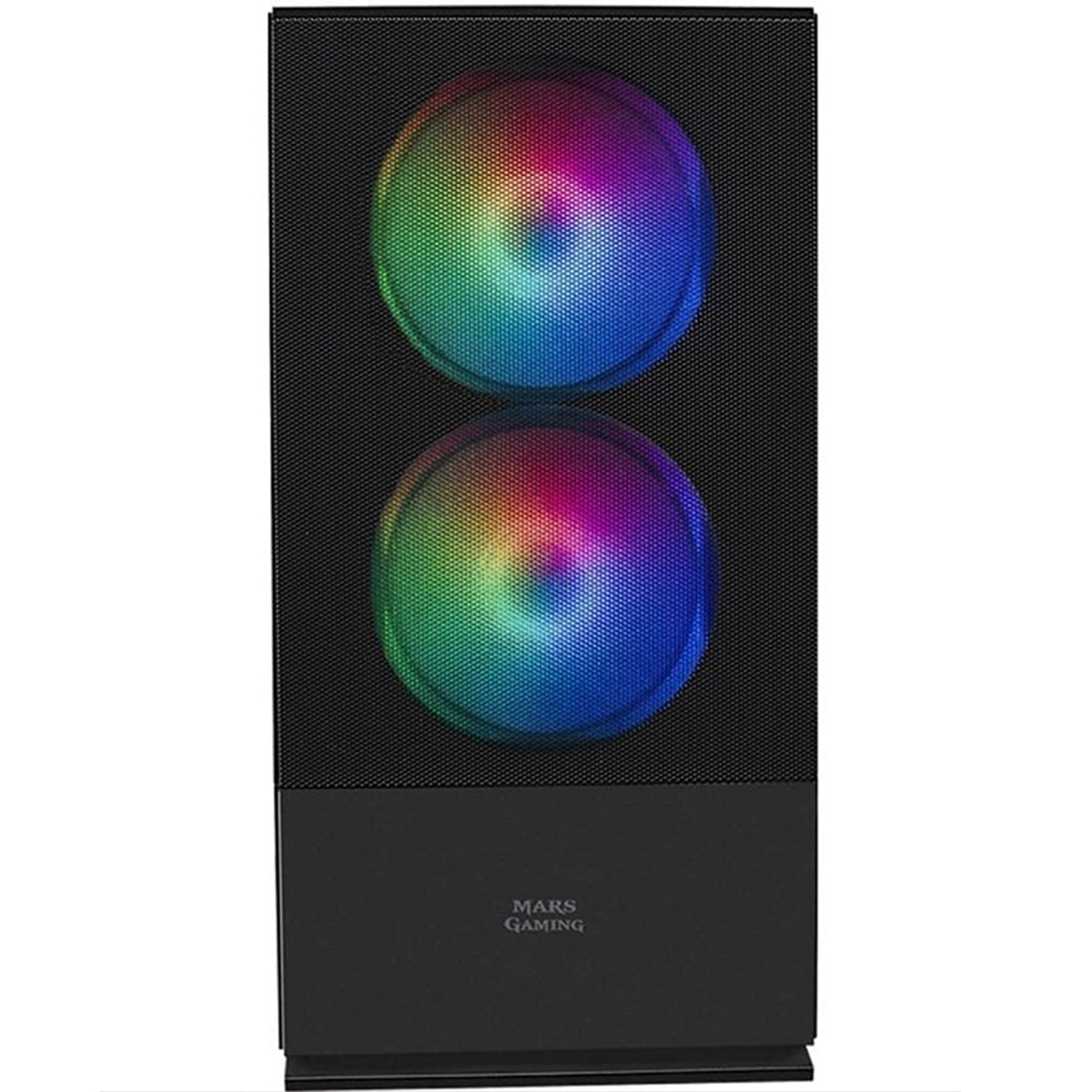 Una caja de computadora negra con dos ventiladores LED arcoíris y un panel frontal negro.