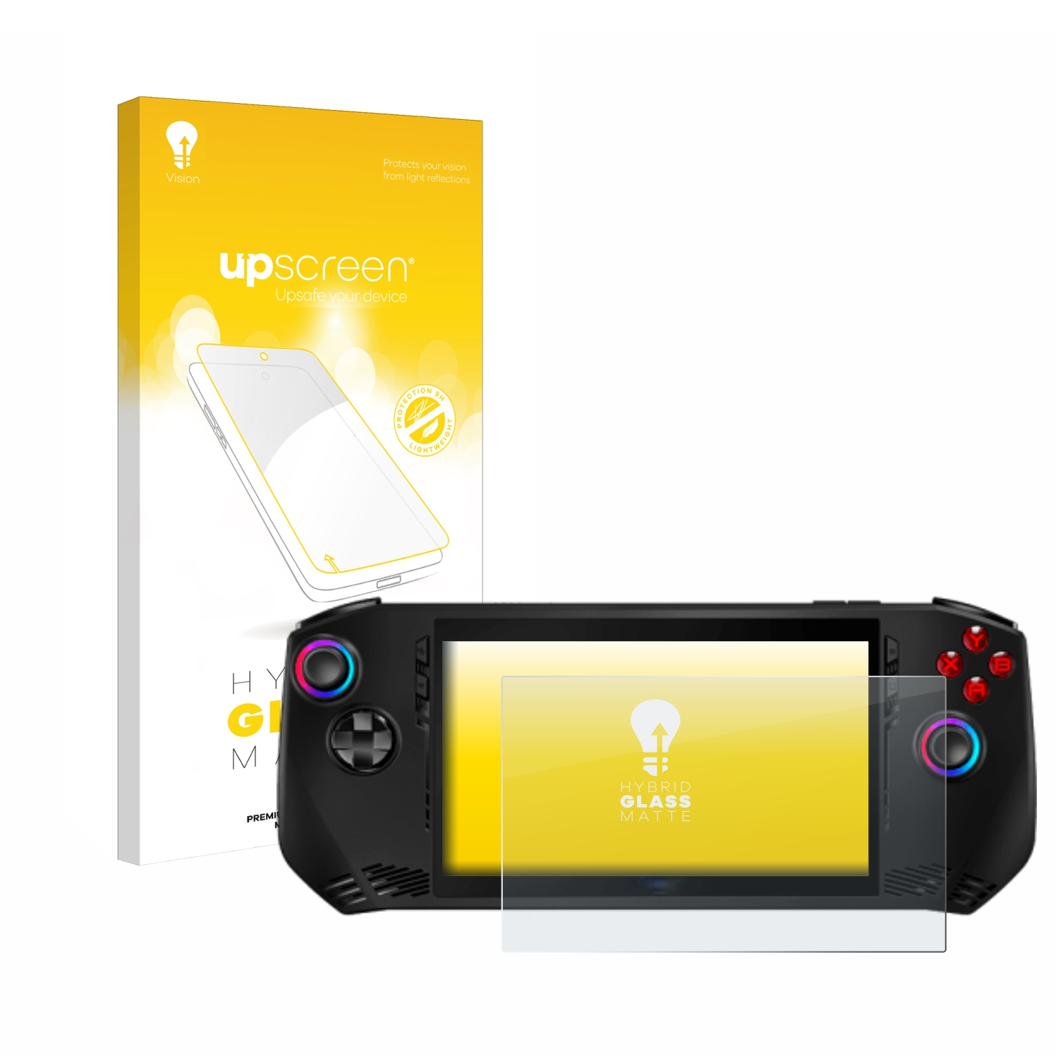 Schachtel mit Displayschutz und Handheld-Spielkonsole. Es steht 'HYBRID GLASS MATTE' und 'up screen'.