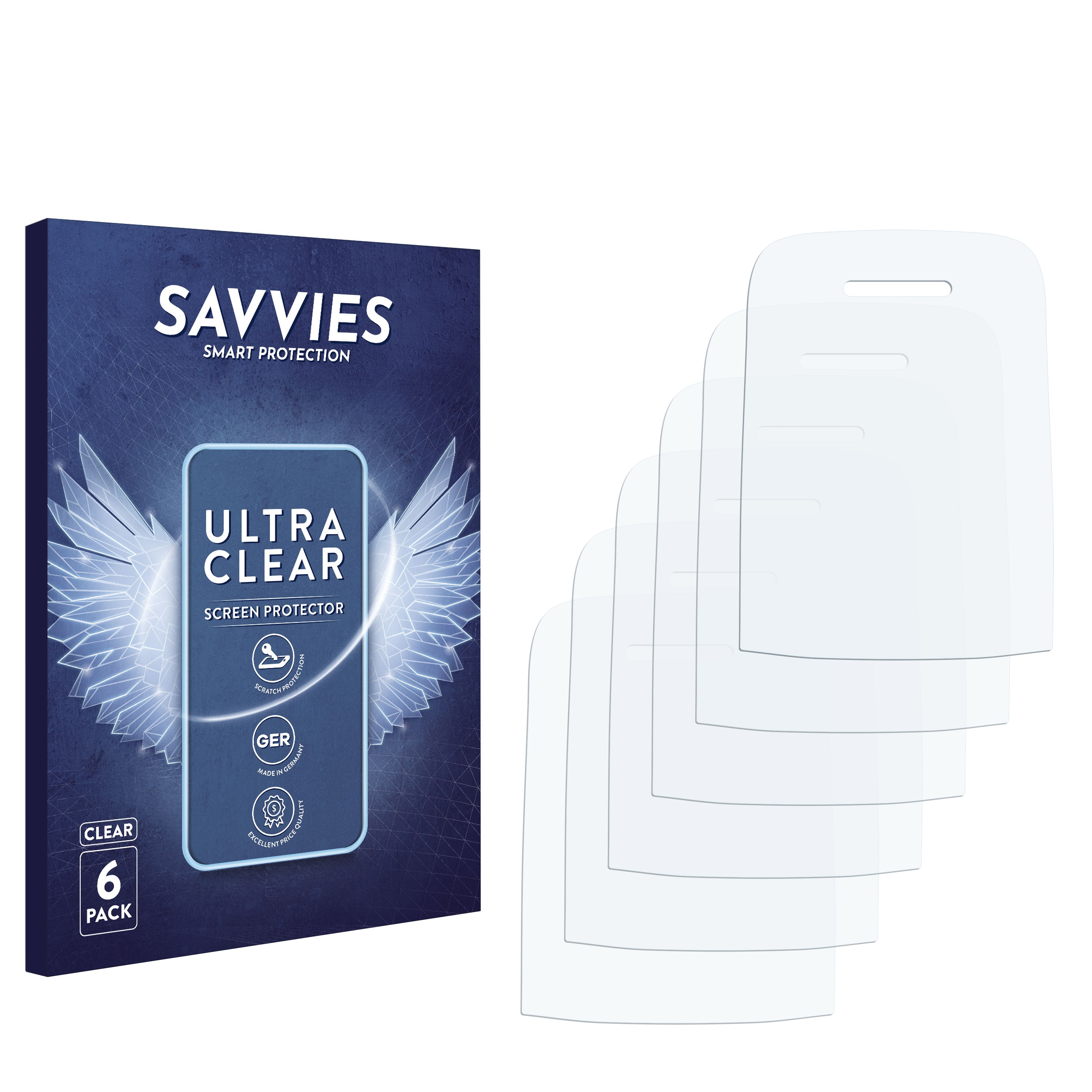 Box mit Savvies Ultra Clear Displayschutzfolien und ein Satz transparenter Displayschutzfolien.
