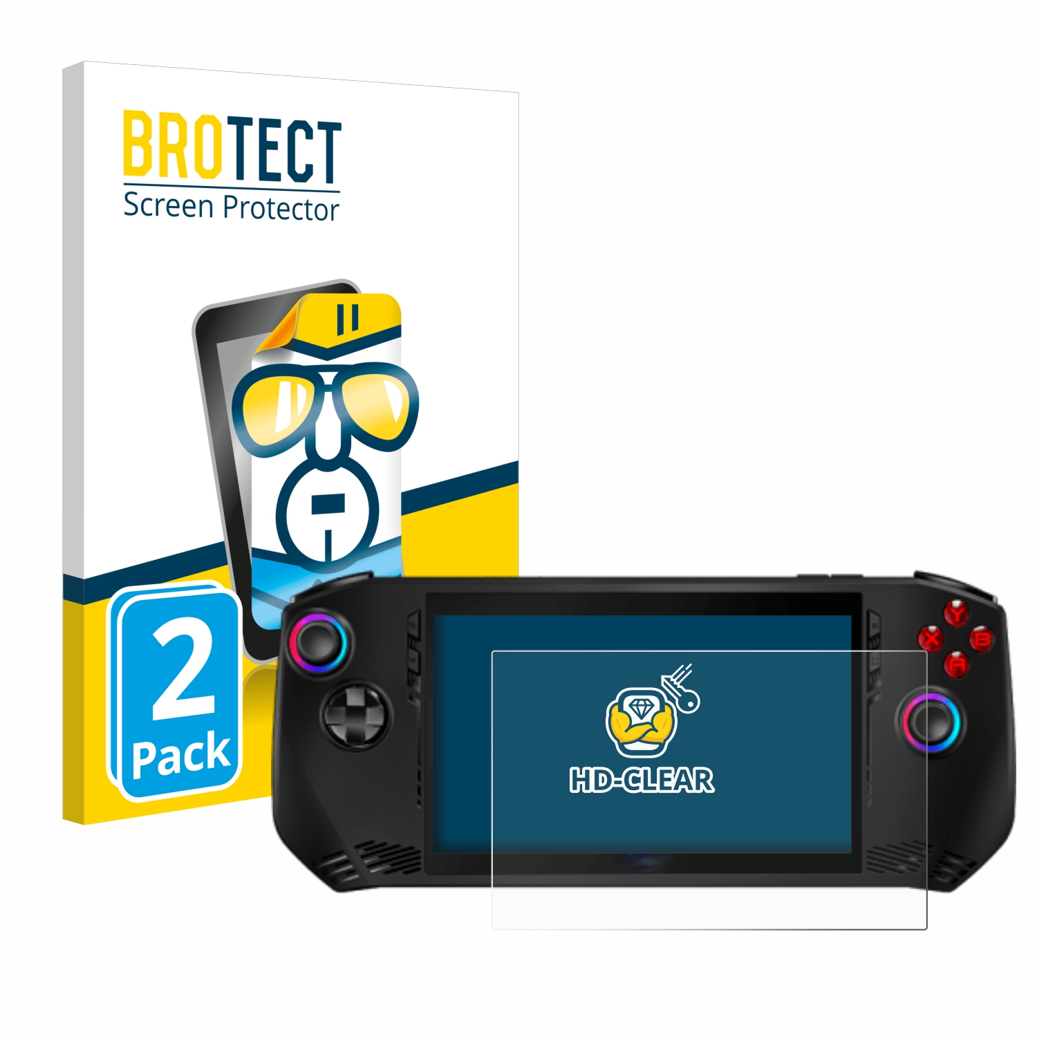 Eine Schachtel mit Displayschutzfolien und ein tragbares Gaming-Gerät. Die Box zeigt ein Telefon.