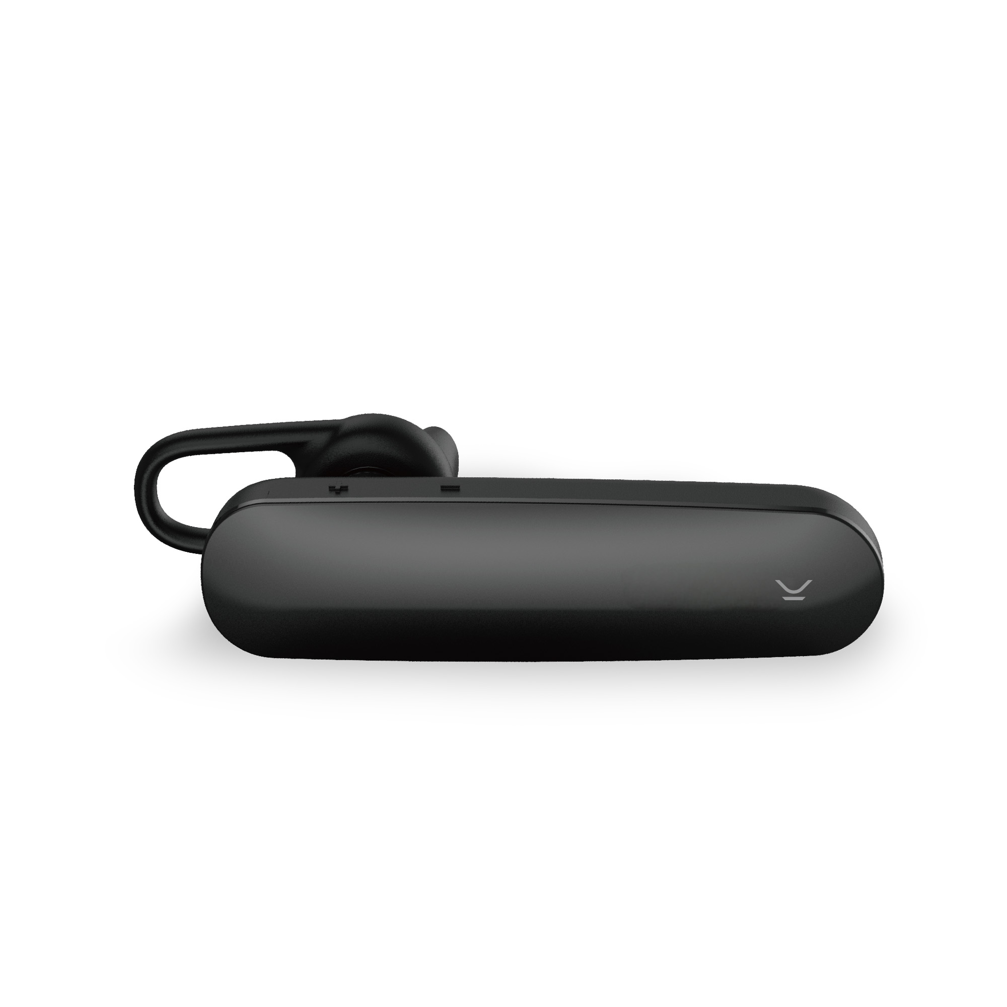 Un auricular Bluetooth negro con un diseño curvo, sobre un fondo blanco.