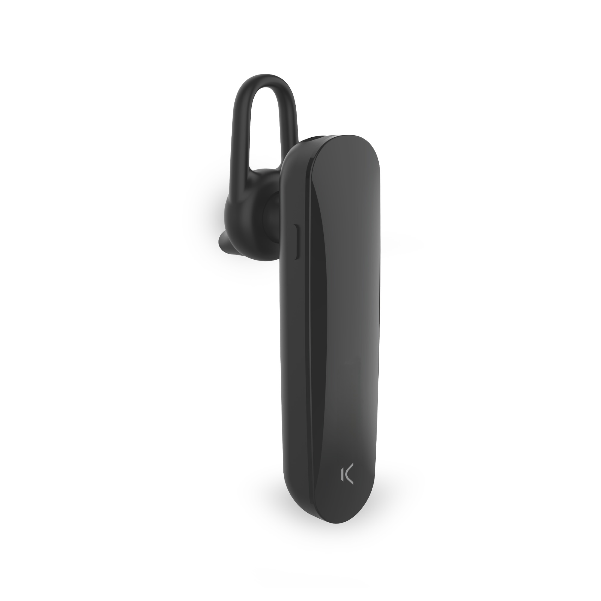 Auricular Bluetooth negro, con un gancho para la oreja curvado y un cuerpo largo y rectangular.
