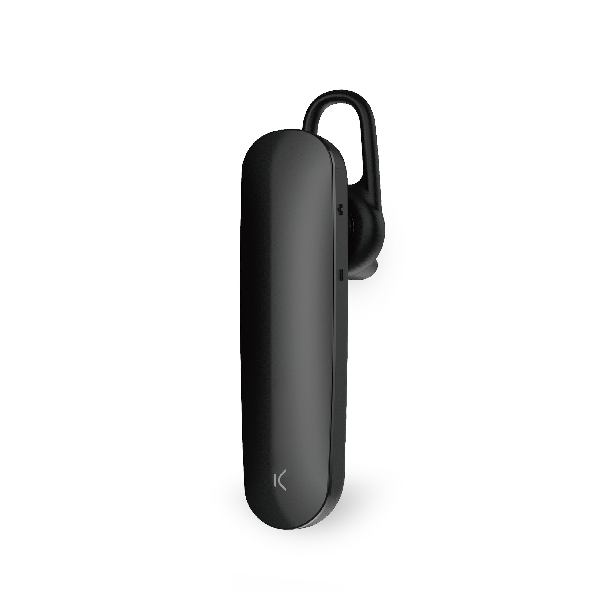 Un auricular Bluetooth negro sobre fondo blanco. Tiene un diseño curvo.