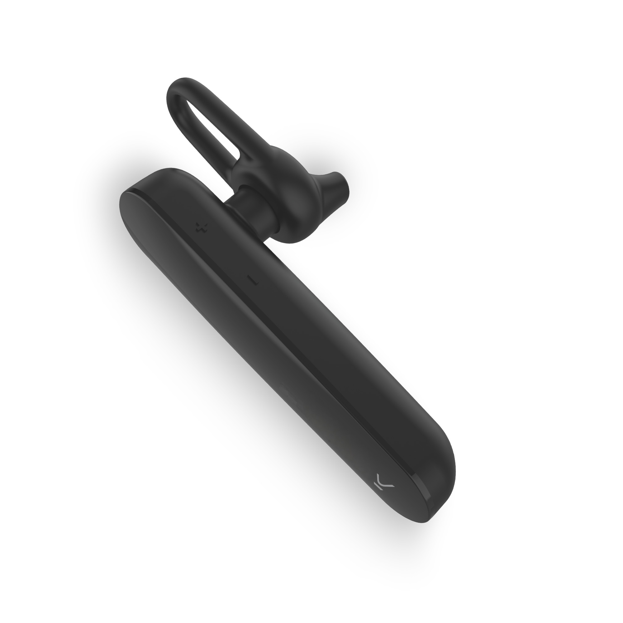 Auricular Bluetooth negro sobre fondo blanco. Tiene un gancho para la oreja y un micrófono.