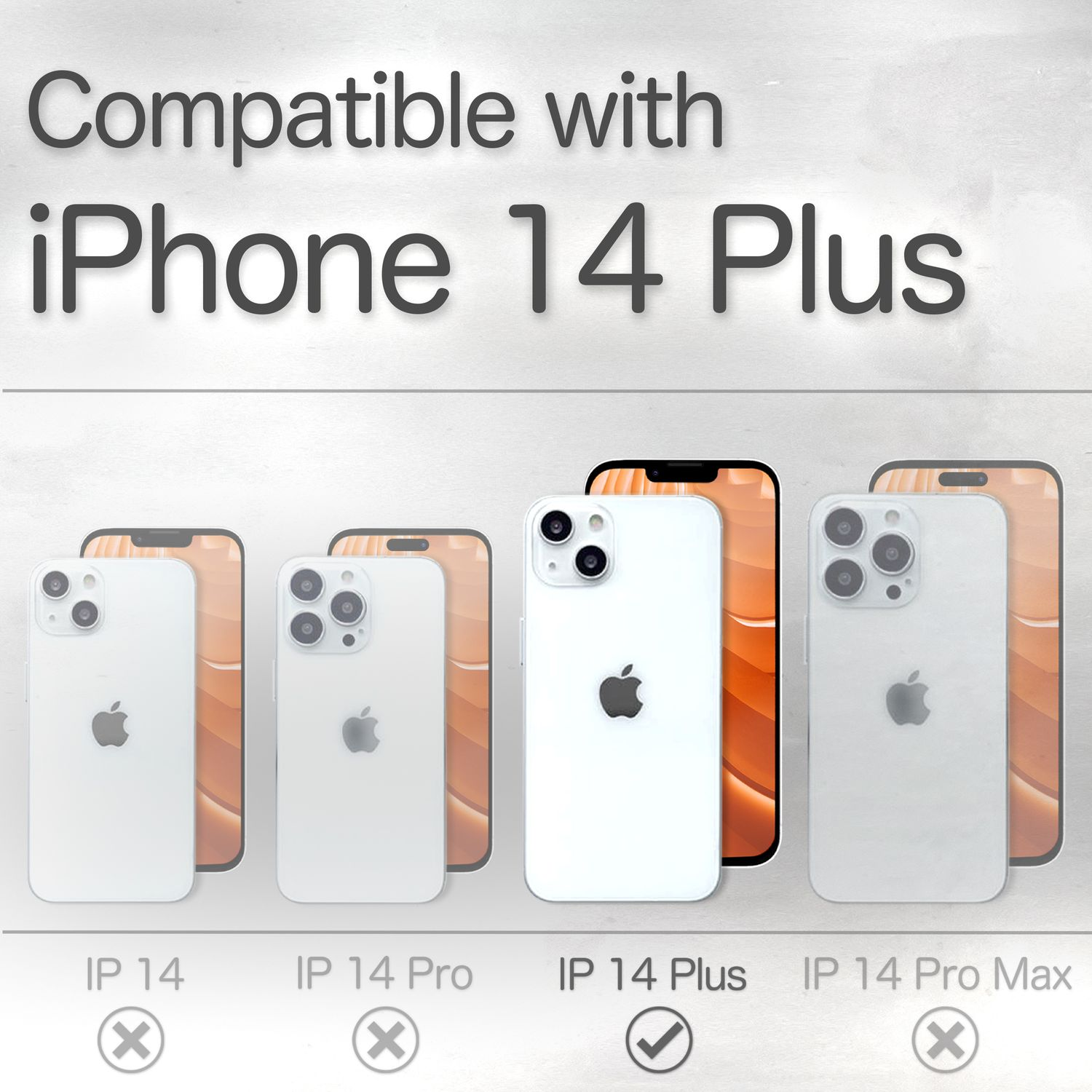 La imagen muestra la compatibilidad del iPhone 14 Plus. Se muestran cuatro modelos de teléfono con marcas de verificación o cruces, lo que indica la compatibilidad.