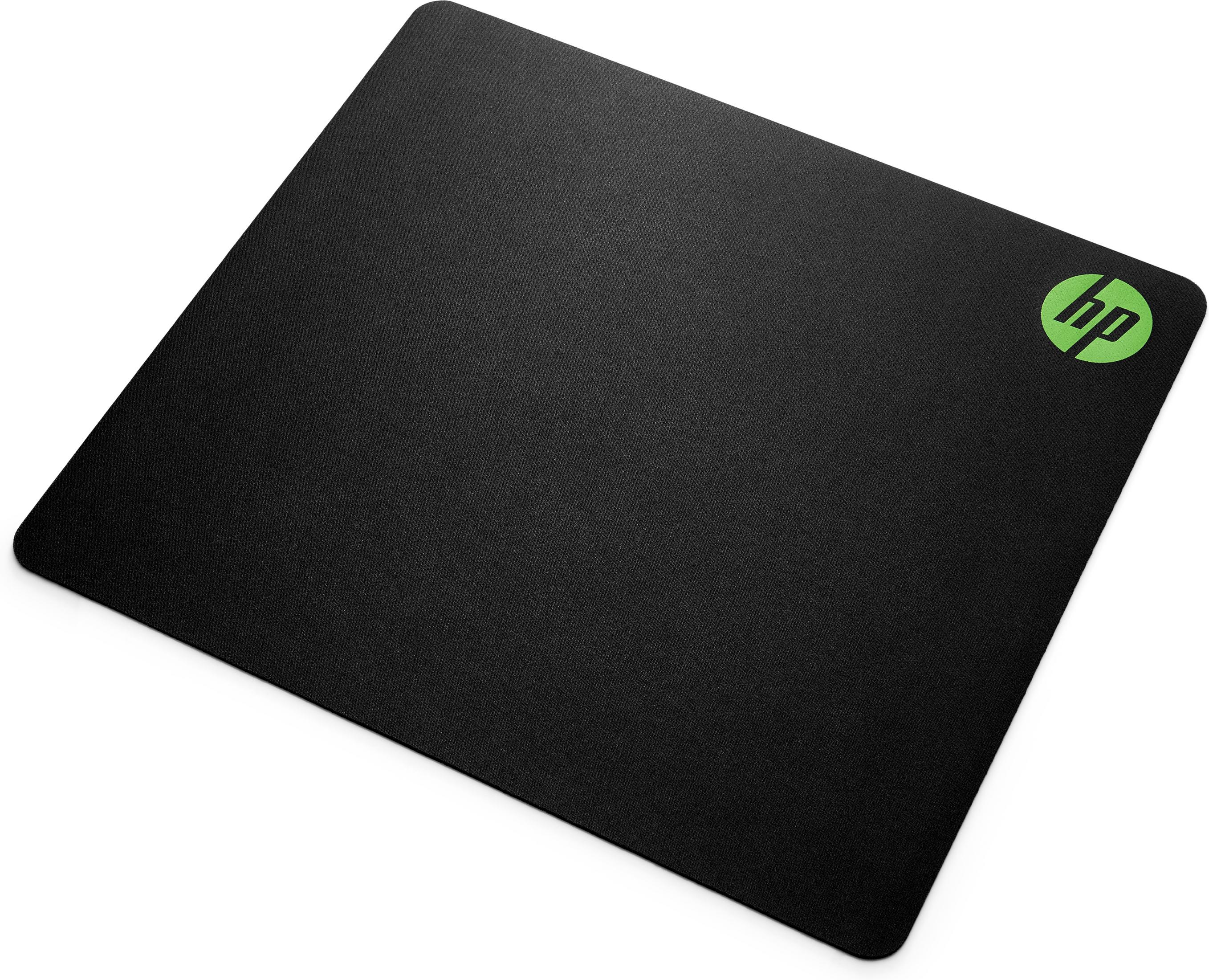 Alfombrilla de ratón HP negra con el logotipo verde HP en la esquina superior derecha.