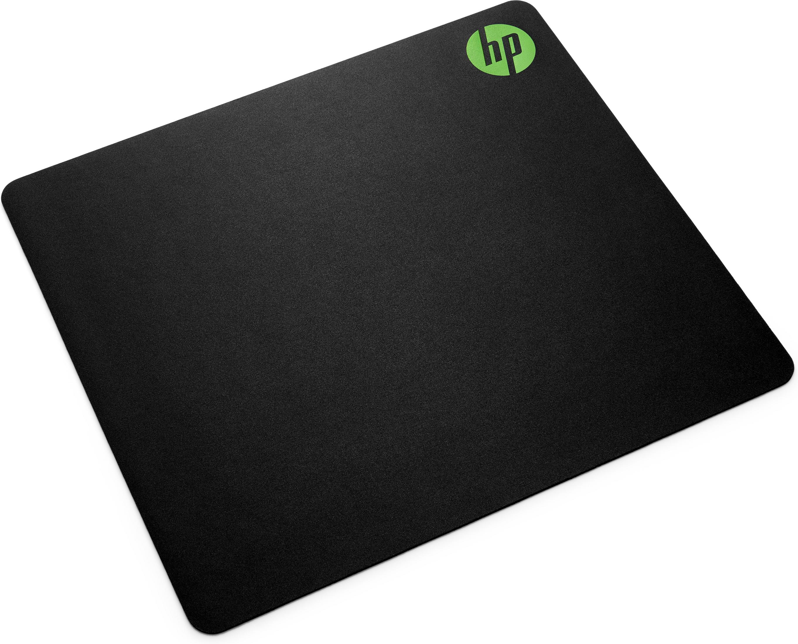 Alfombrilla de ratón HP negra con el logotipo verde de HP en la esquina superior derecha.