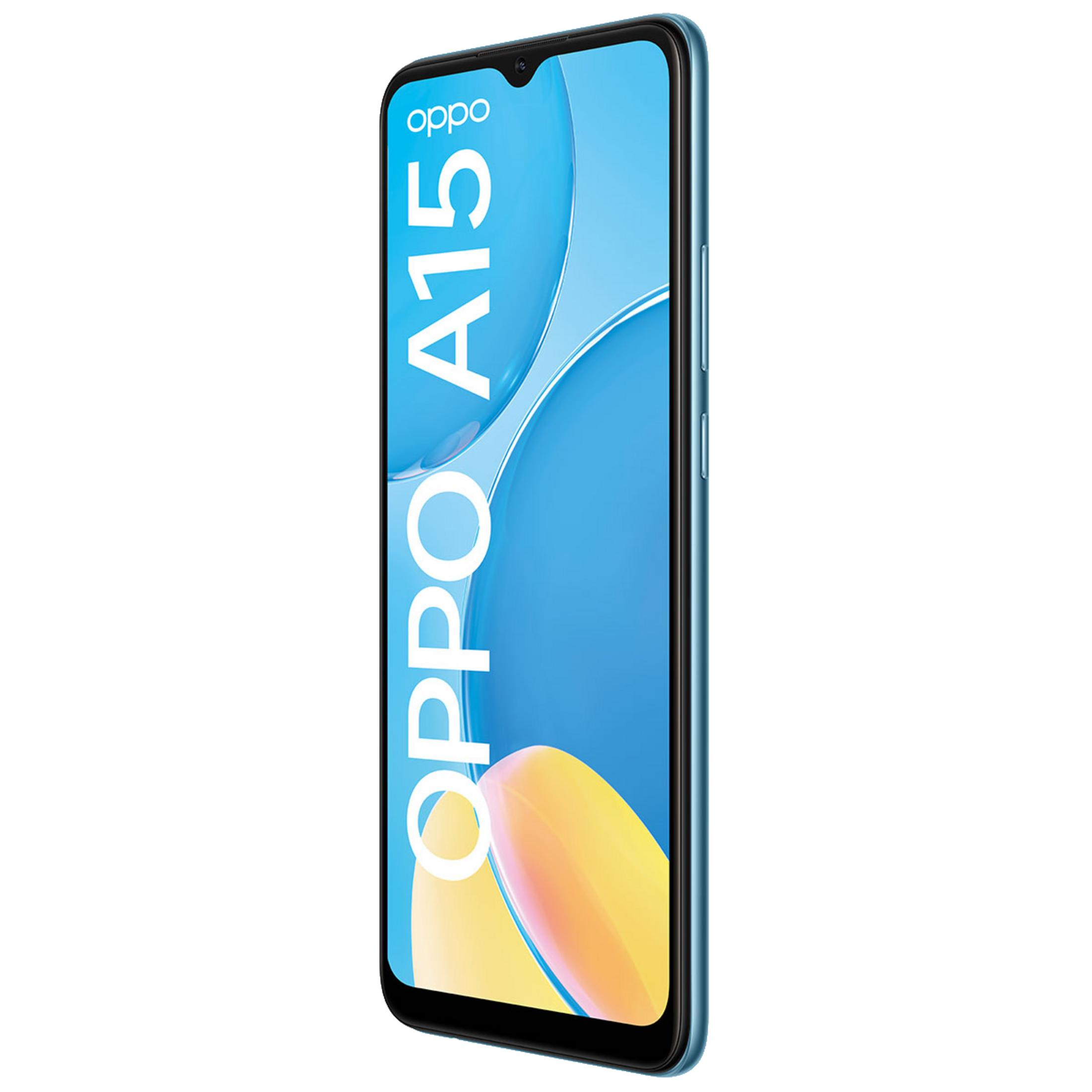 Uno smartphone Oppo A15 blu con il logo Oppo e un display colorato. Vista laterale.