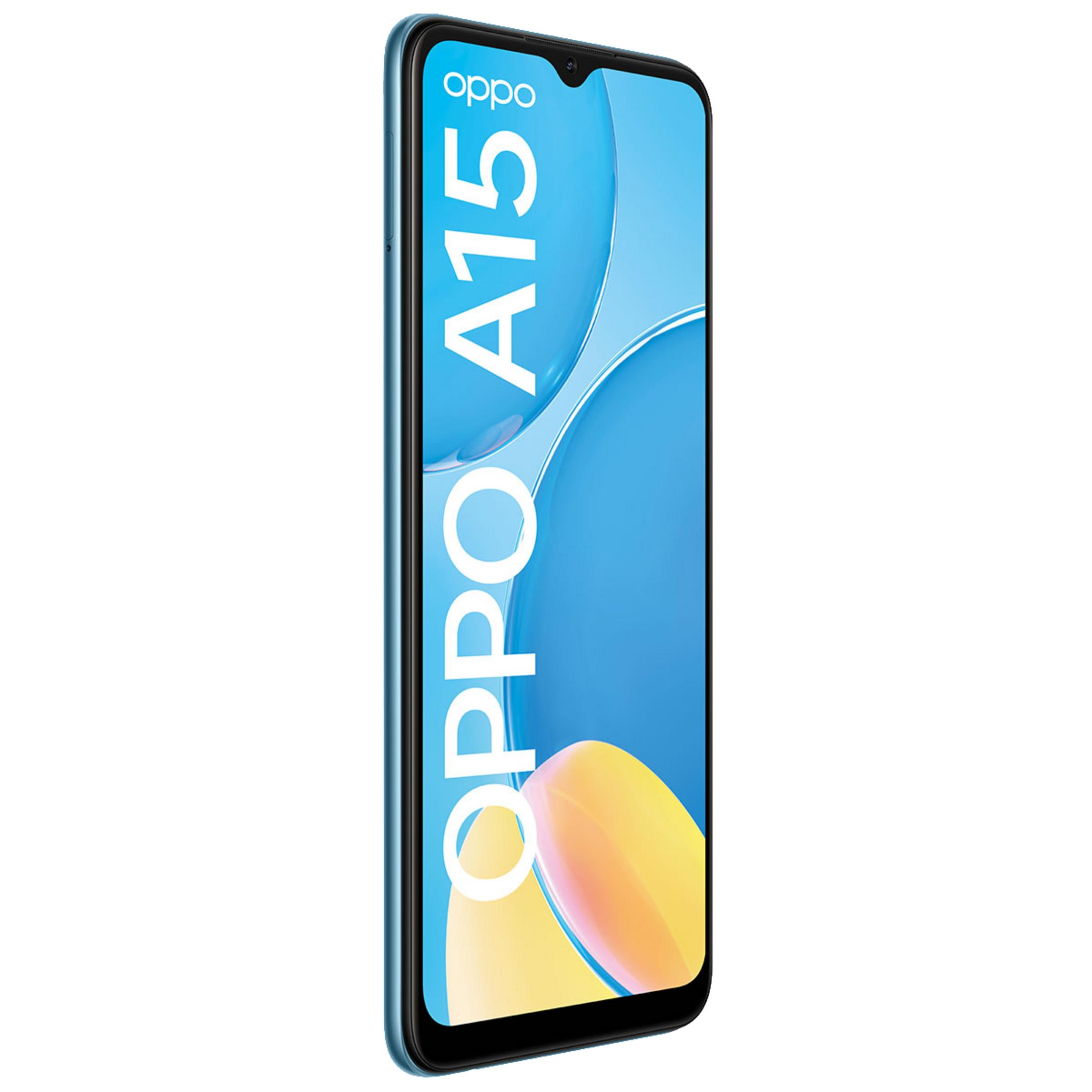 Uno smartphone Oppo A15 azzurro, angolato, con logo bianco e sfondo blu.