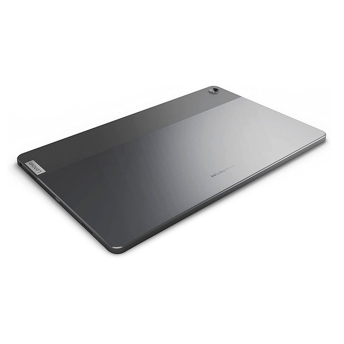 Tableta Lenovo gris, vista en ángulo, muestra cámara y logotipo Dolby Atmos. Diseño elegante.