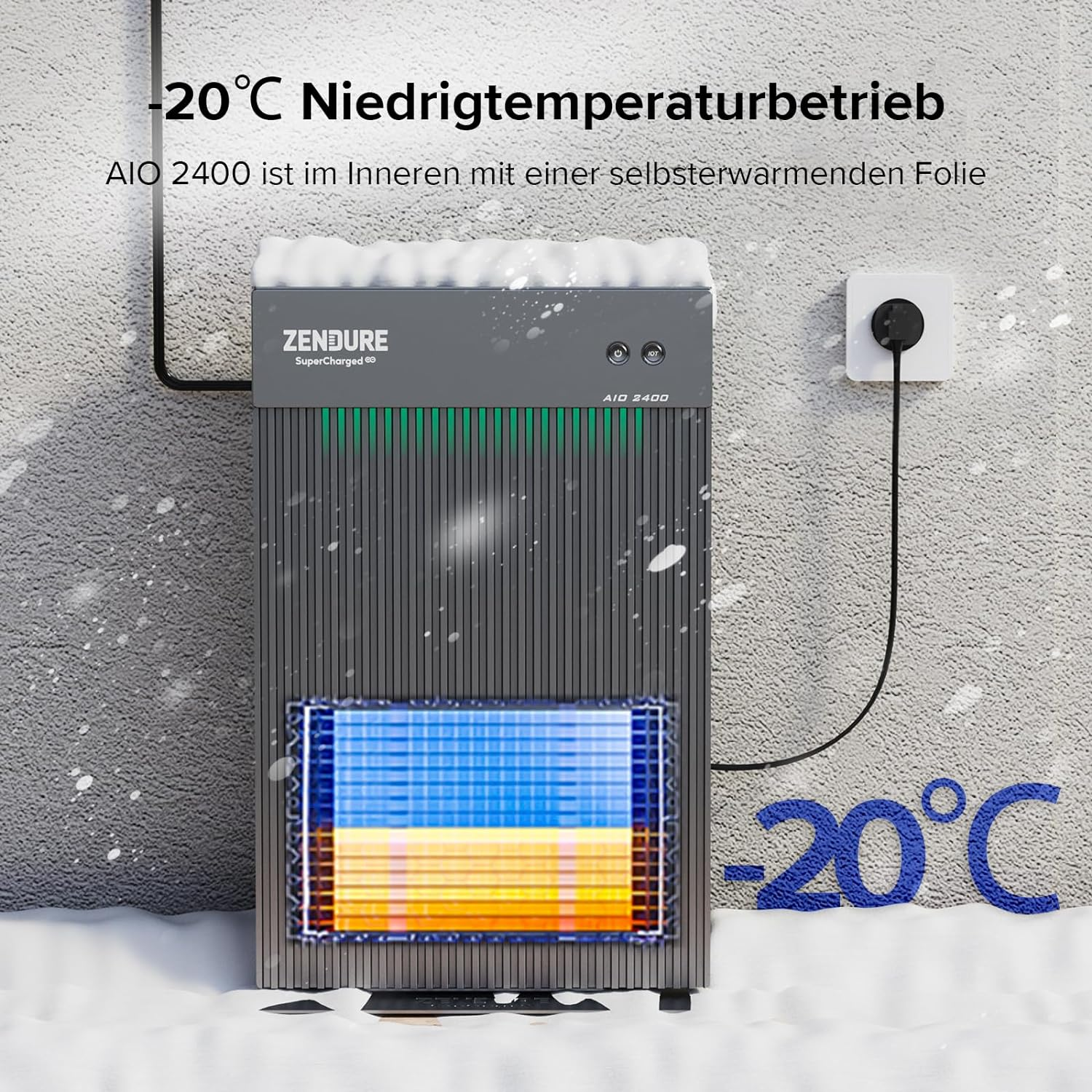 Schwarz-graues Kraftwerk mit blau-gelbem Bildschirm, mit -20°C Text.